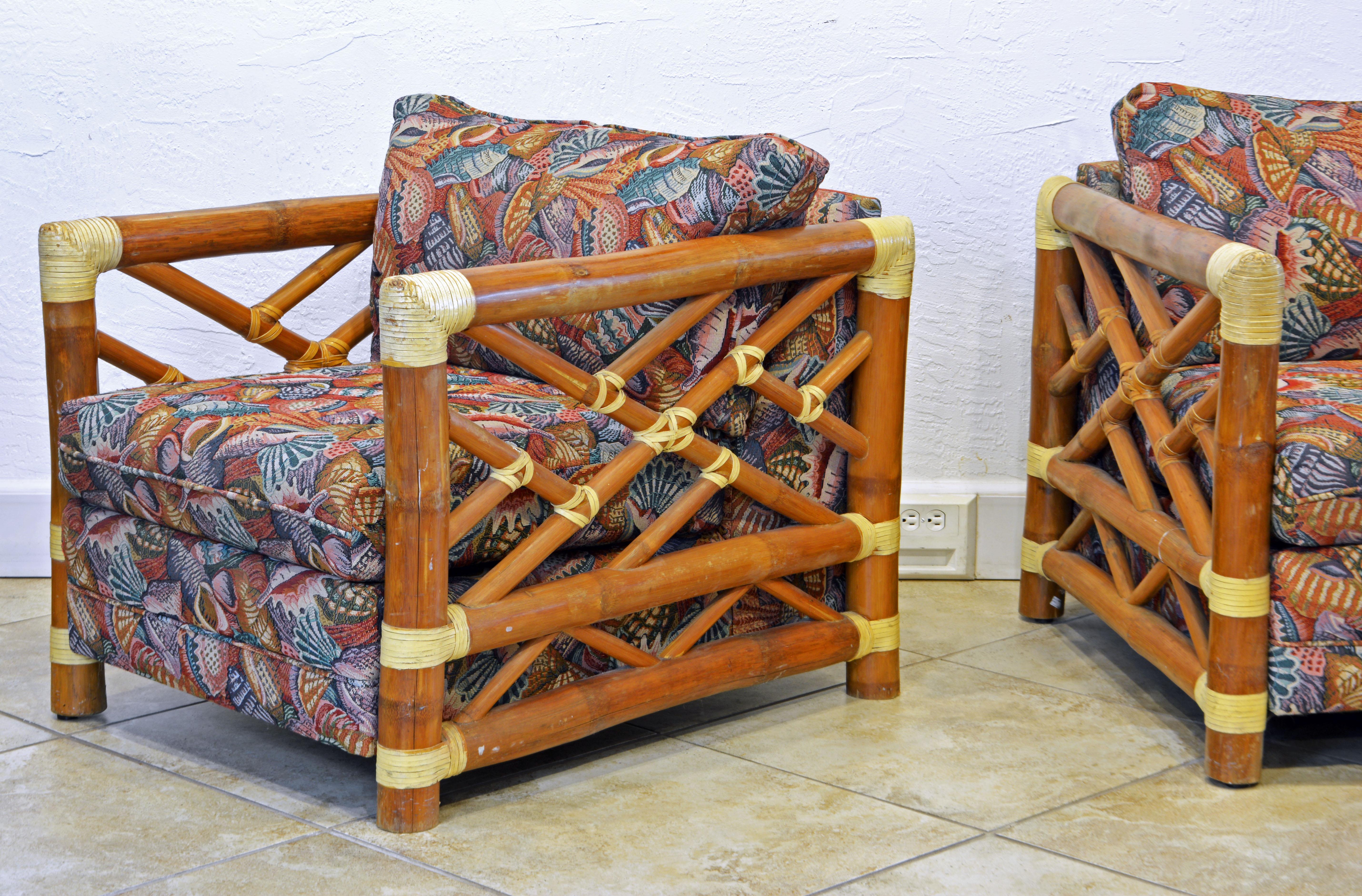 Pair of Colonial Style Bamboo Pole Upholstered Lounge Chairs, 20th Century 3