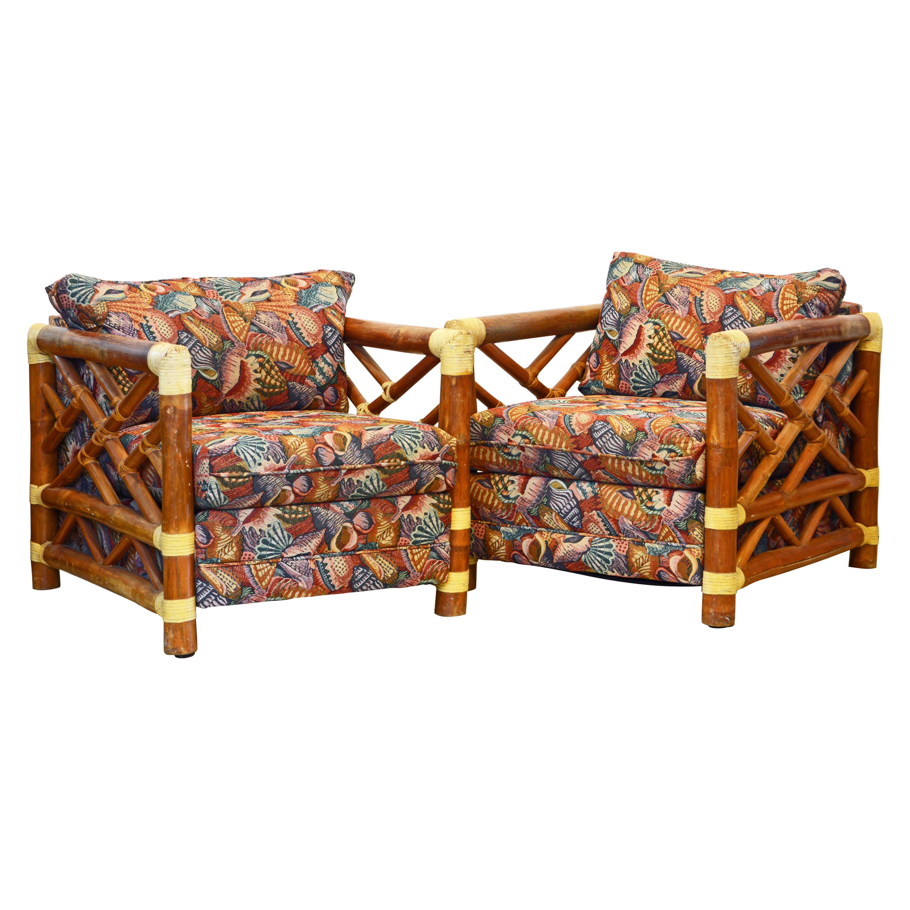 Pair of Colonial Style Bamboo Pole Upholstered Lounge Chairs, 20th Century