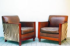 Pair of Colonial Style Deco Inspired Zebra Leather and Mahogany Club Chairs
