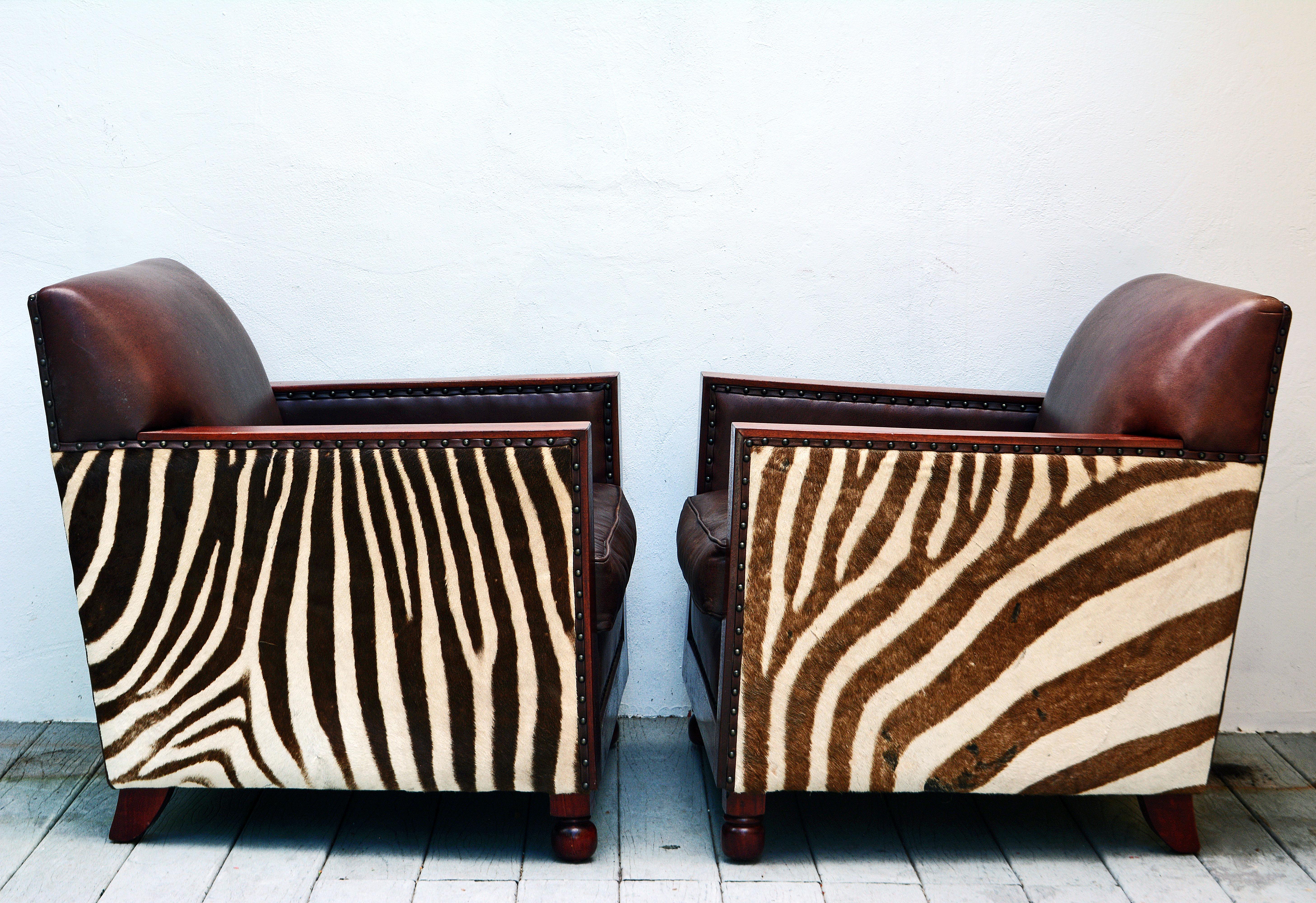 English Pair of Colonial Style Deco Inspired Zebra Leather and Mahogany Club Chairs