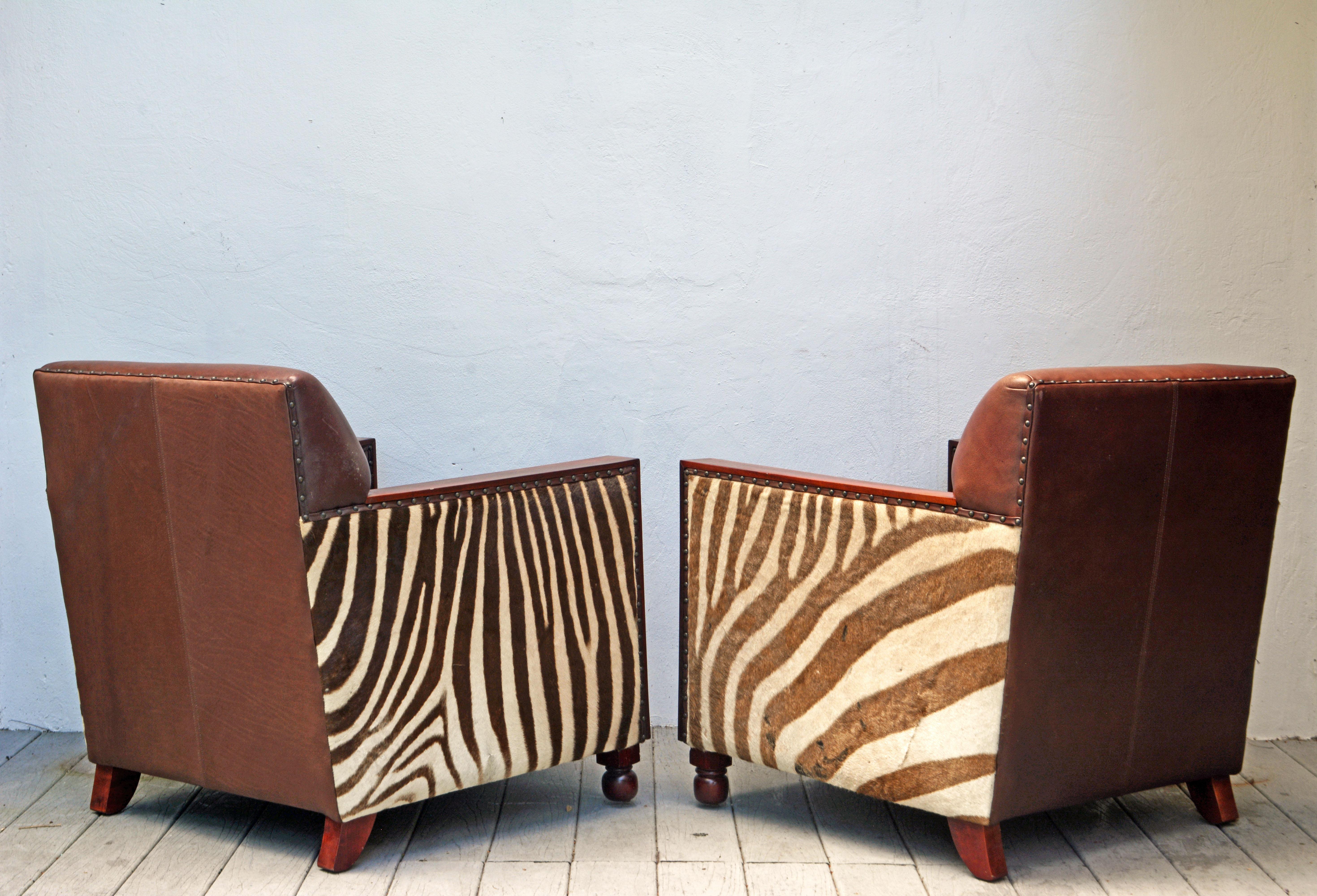 Pair of Colonial Style Deco Inspired Zebra Leather and Mahogany Club Chairs In Good Condition In Ft. Lauderdale, FL