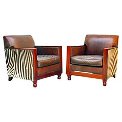 Pair of Colonial Style Deco Inspired Zebra Leather and Mahogany Club Chairs