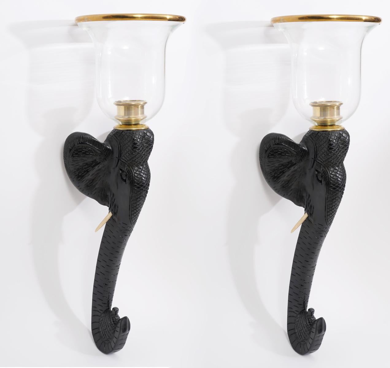 Colonial Revival Pair of Colonial Style Elephant Carved and Ebonized Hurrycane Sconces by Chapman
