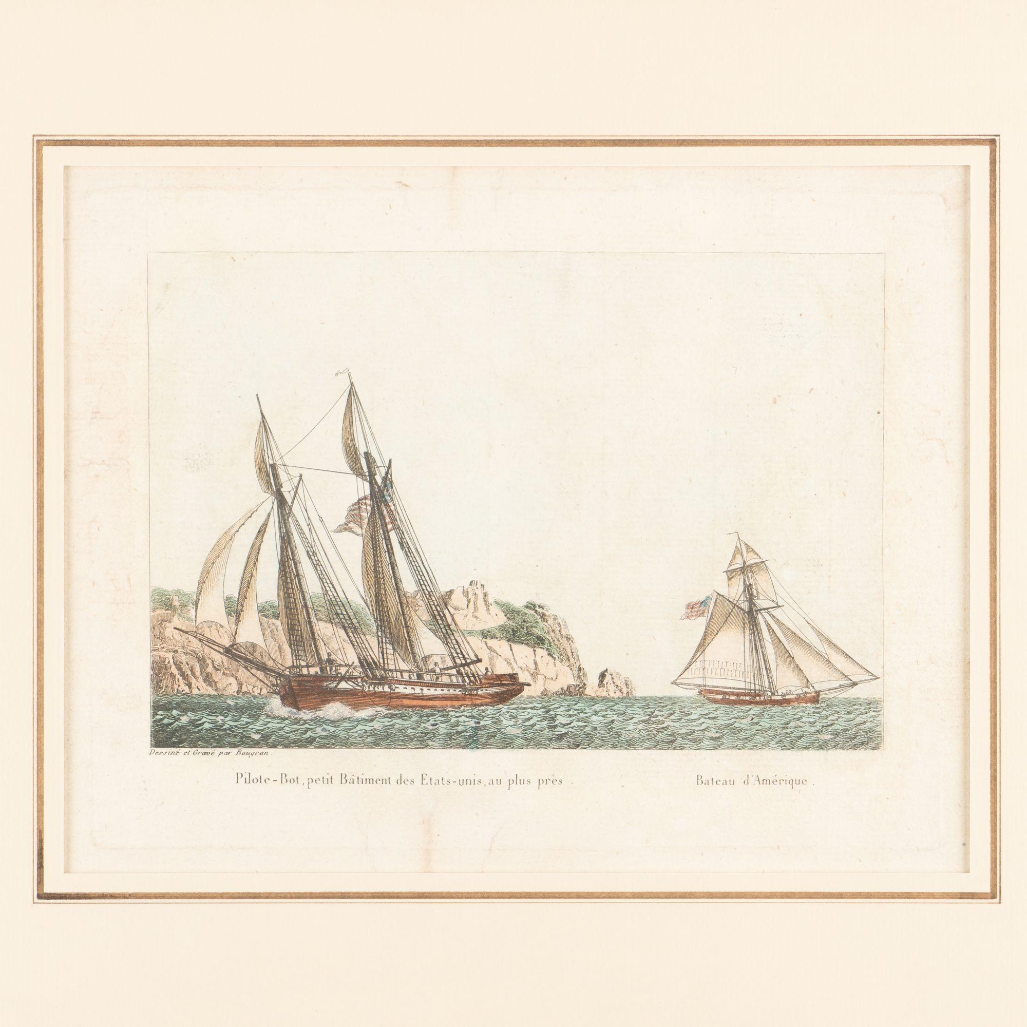 Pair of colored engravings of American ships by Jean-Jerome Baugean, c. 1840 For Sale 4