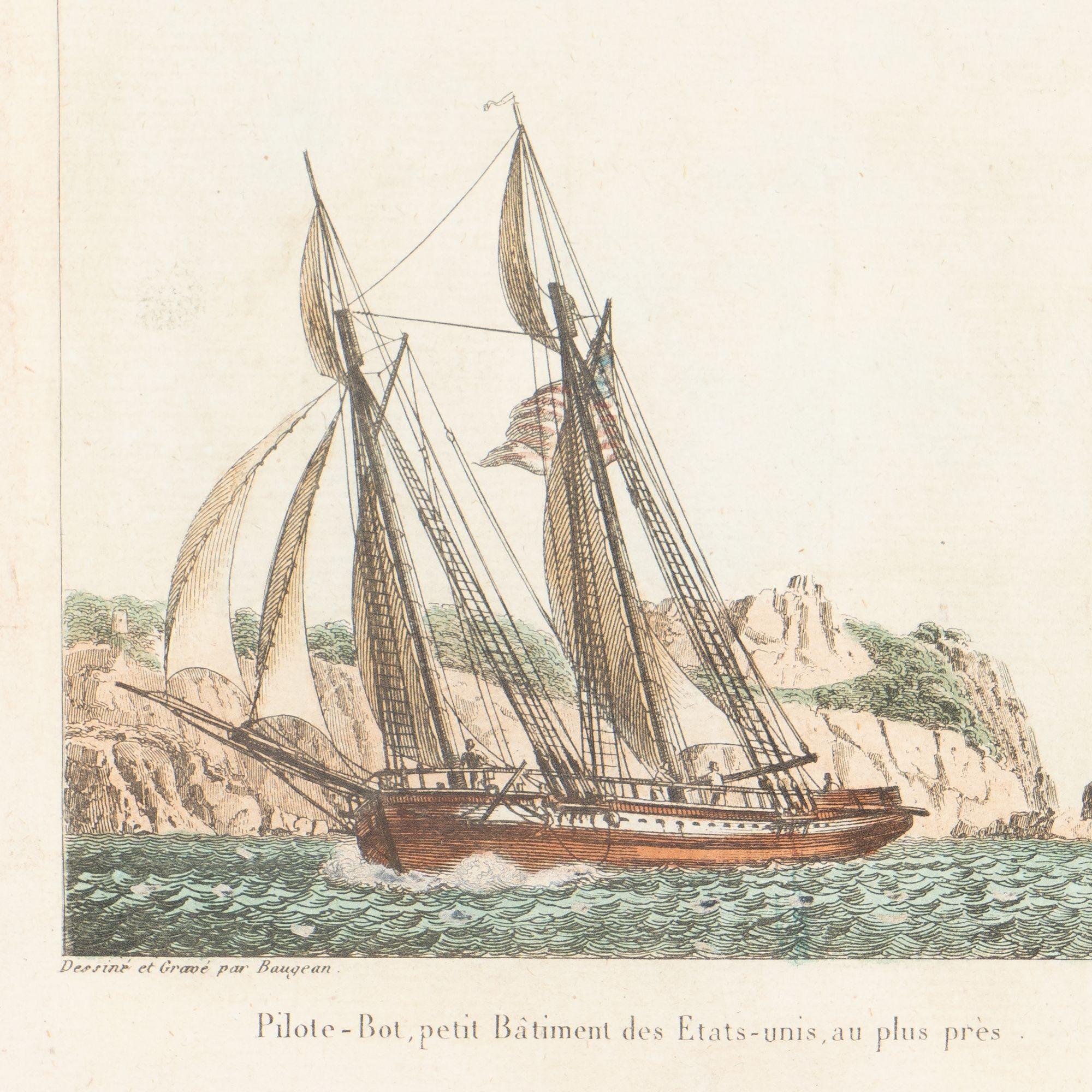 Pair of colored engravings of American ships by Jean-Jerome Baugean, c. 1840 For Sale 5