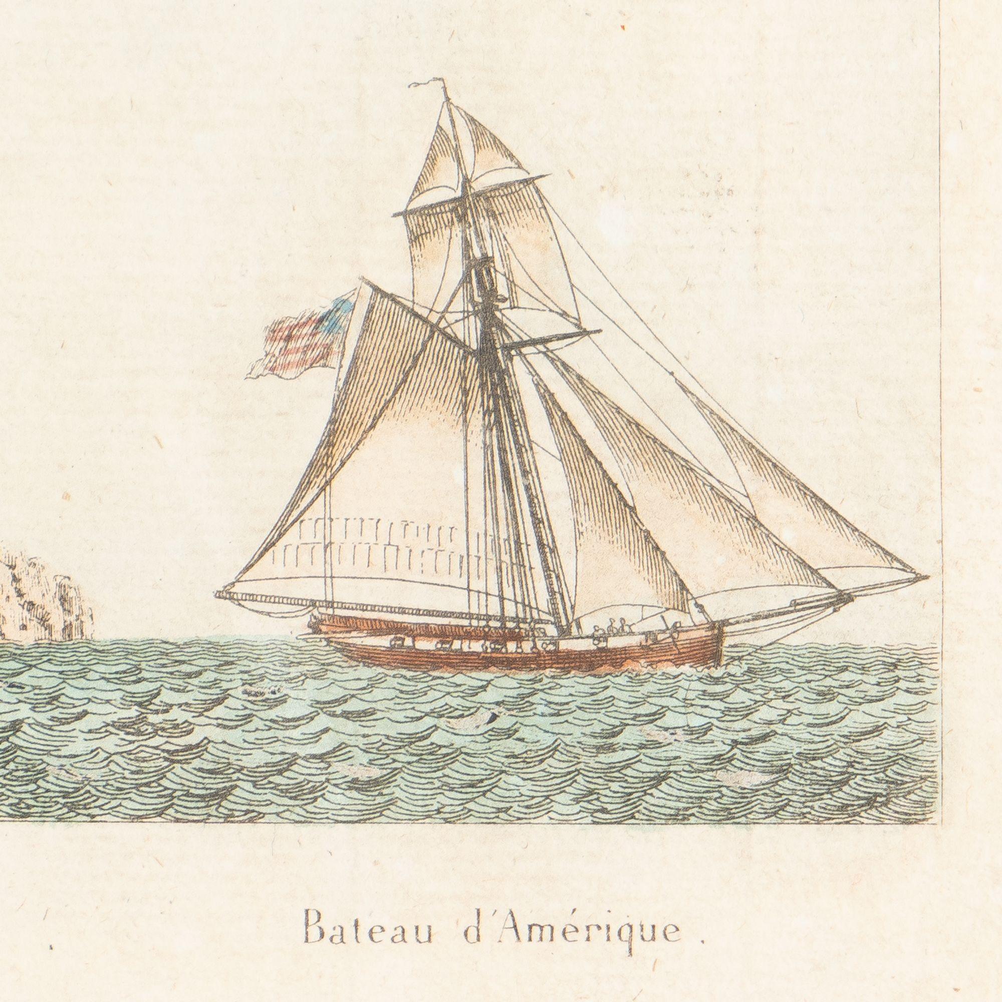 Pair of colored engravings of American ships by Jean-Jerome Baugean, c. 1840 For Sale 6