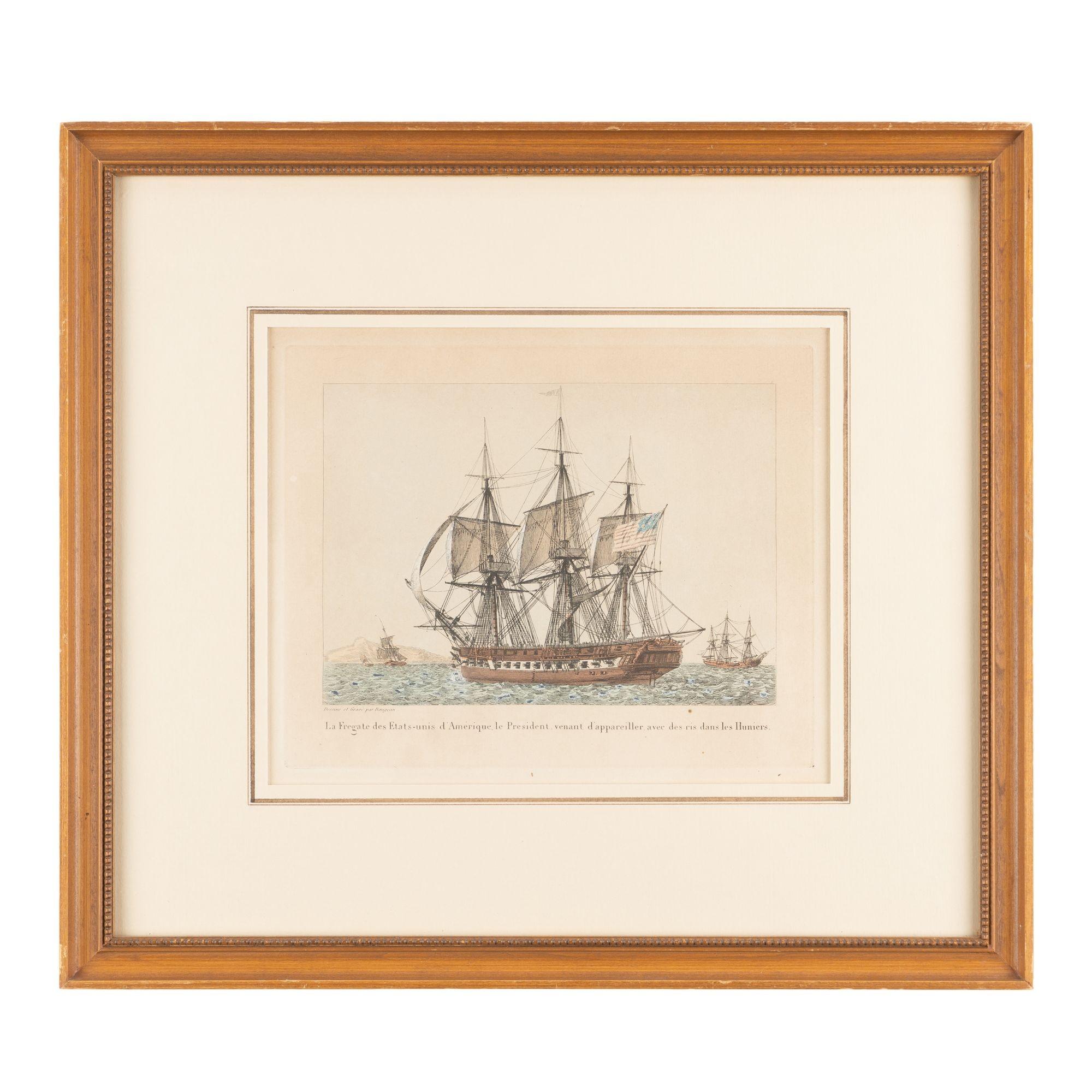 Pair of hand colored engravings of American ships under sail.

The first work is of the USS President and is titled: 