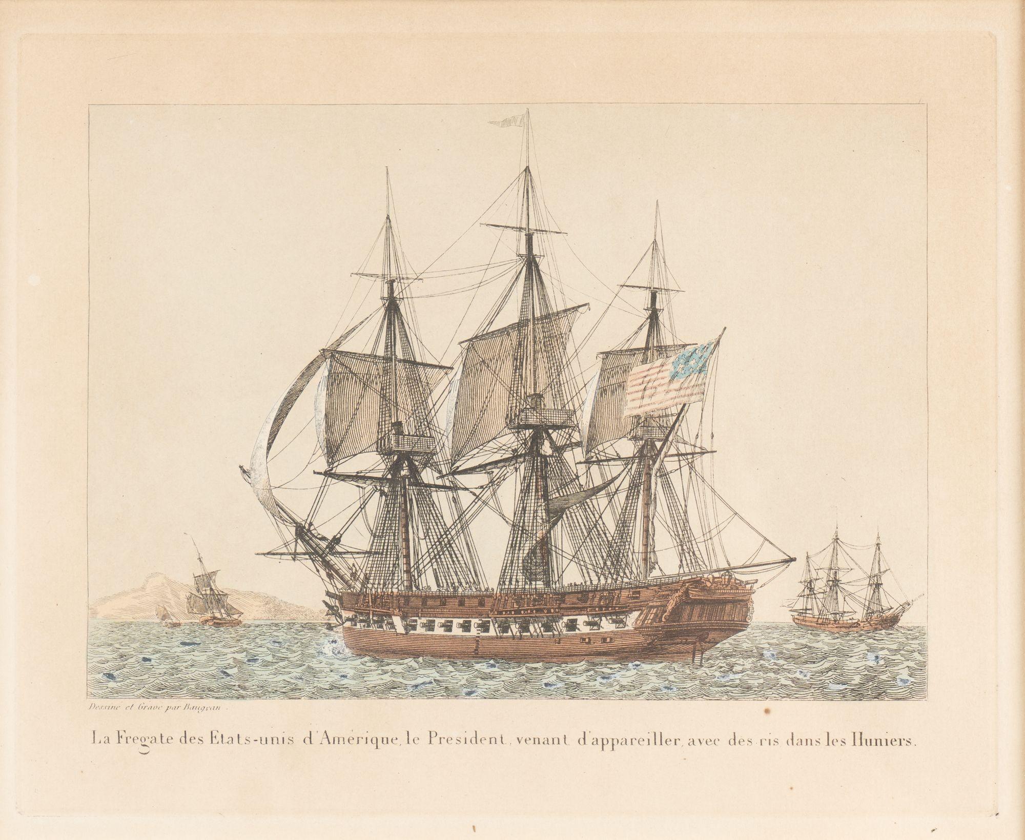French Pair of colored engravings of American ships by Jean-Jerome Baugean, c. 1840 For Sale