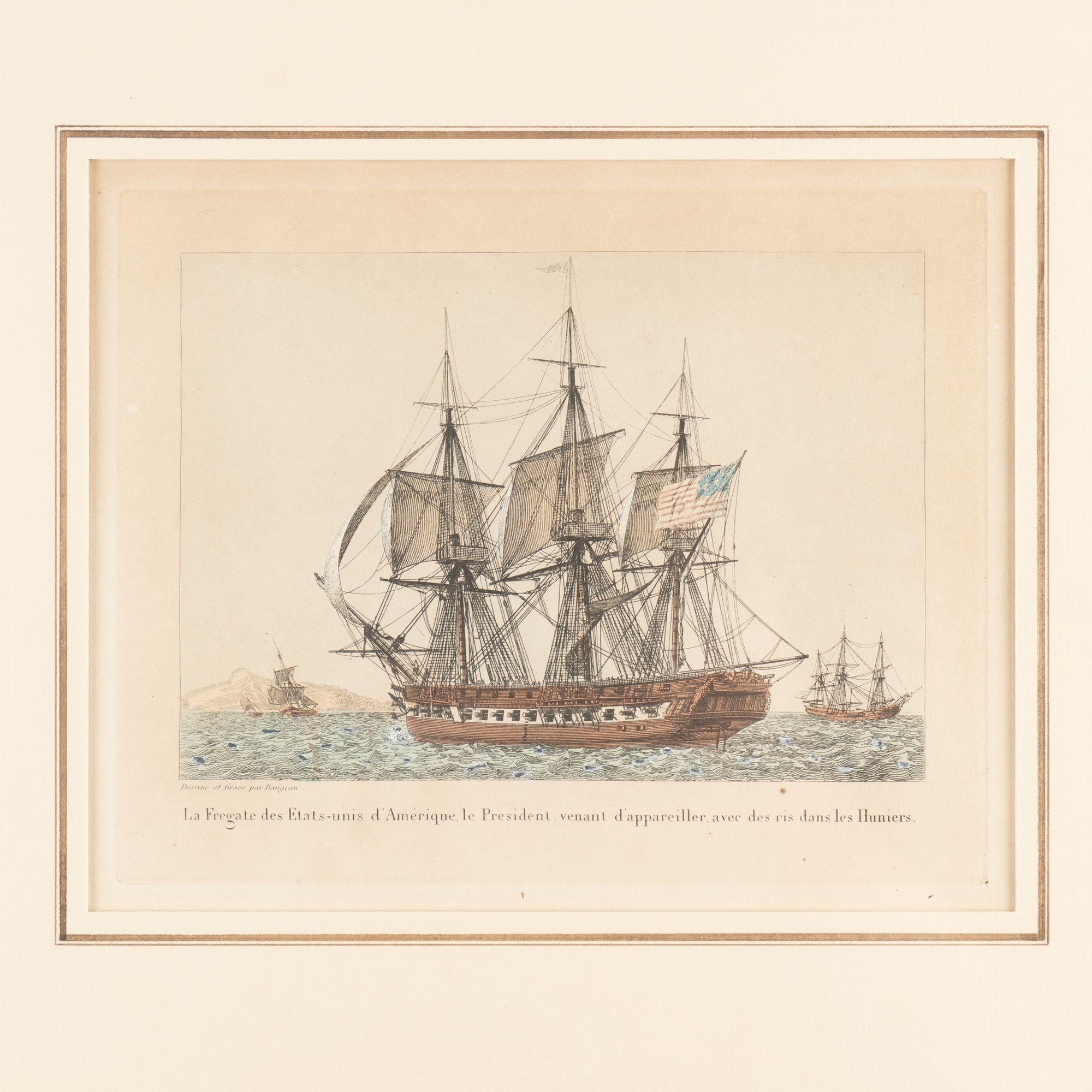 Pair of colored engravings of American ships by Jean-Jerome Baugean, c. 1840 In Good Condition For Sale In Kenilworth, IL
