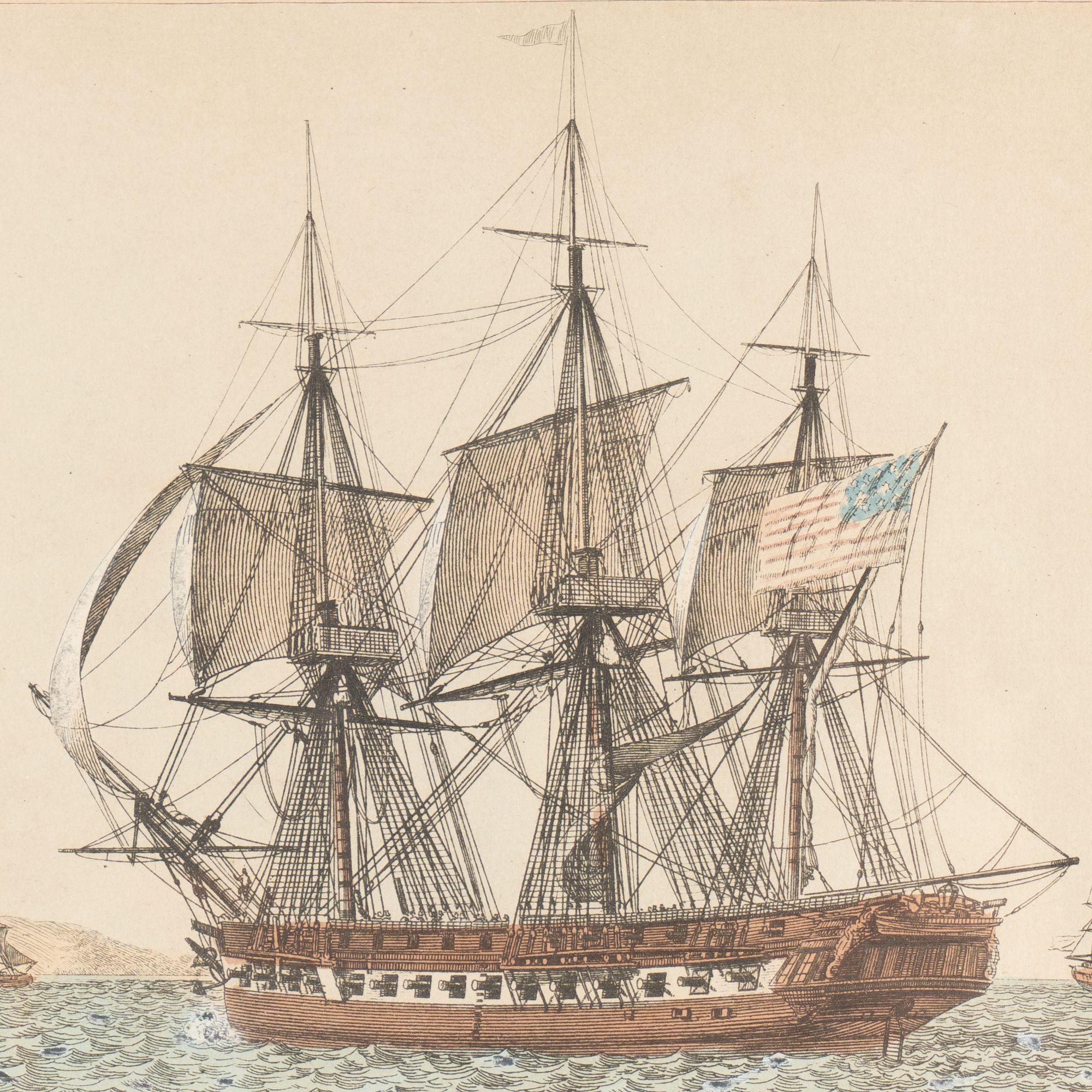 Paper Pair of colored engravings of American ships by Jean-Jerome Baugean, c. 1840 For Sale