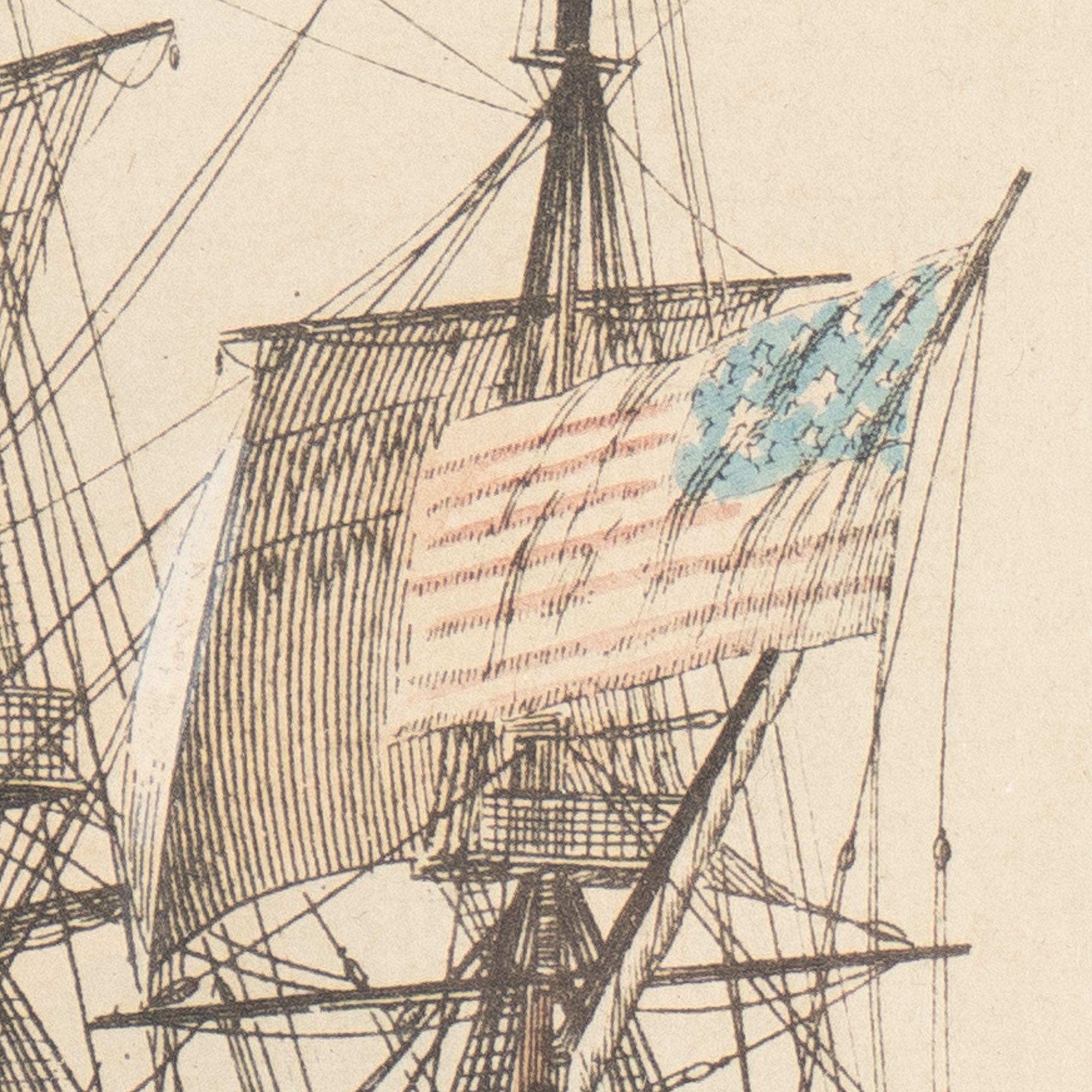 Pair of colored engravings of American ships by Jean-Jerome Baugean, c. 1840 For Sale 1