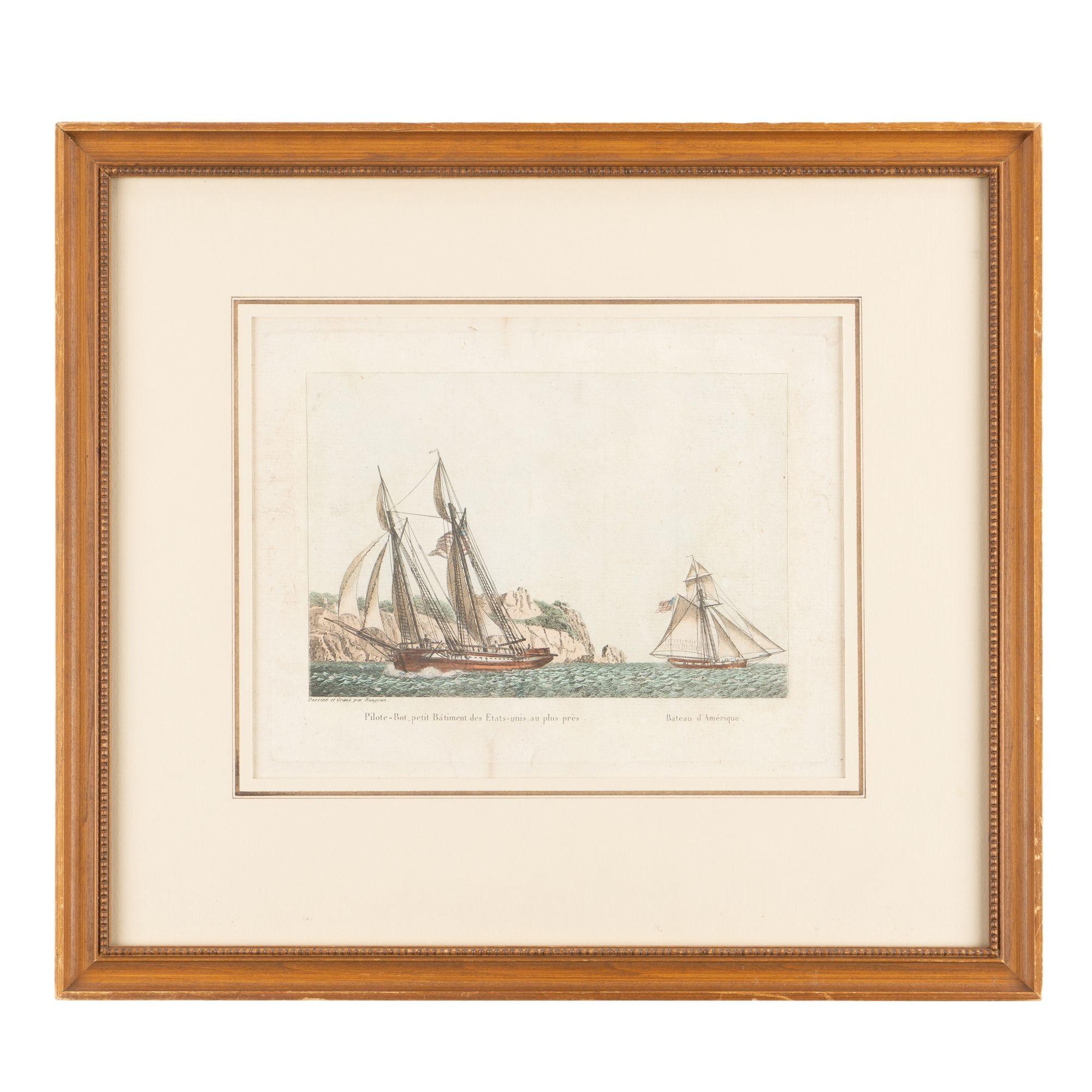Pair of colored engravings of American ships by Jean-Jerome Baugean, c. 1840 For Sale 3
