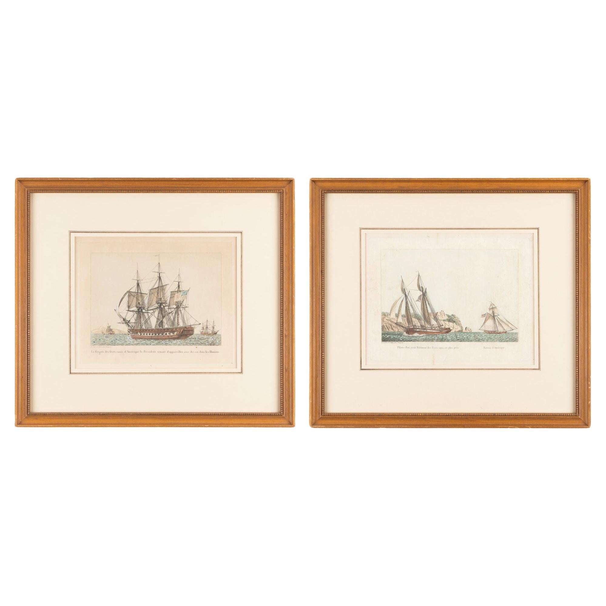 Pair of colored engravings of American ships by Jean-Jerome Baugean, c. 1840 For Sale