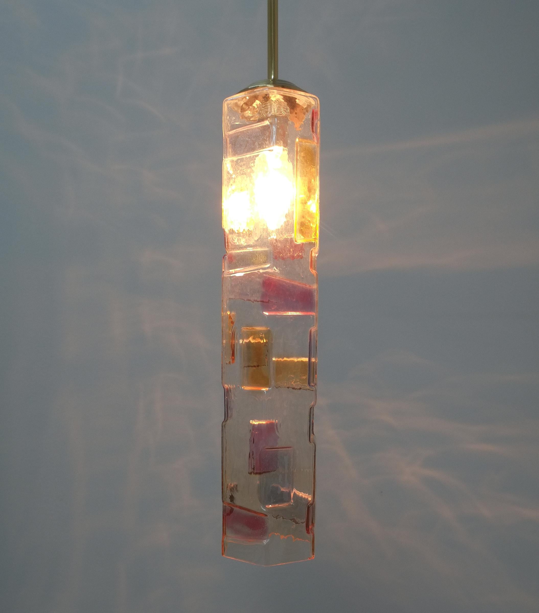 Brass Pair of Colored Glass Pendant Lamps Style Poliarte, Italy, circa 1955