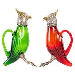 Vintage Pair of Colored Glass, Silver and Vermeil Flasks