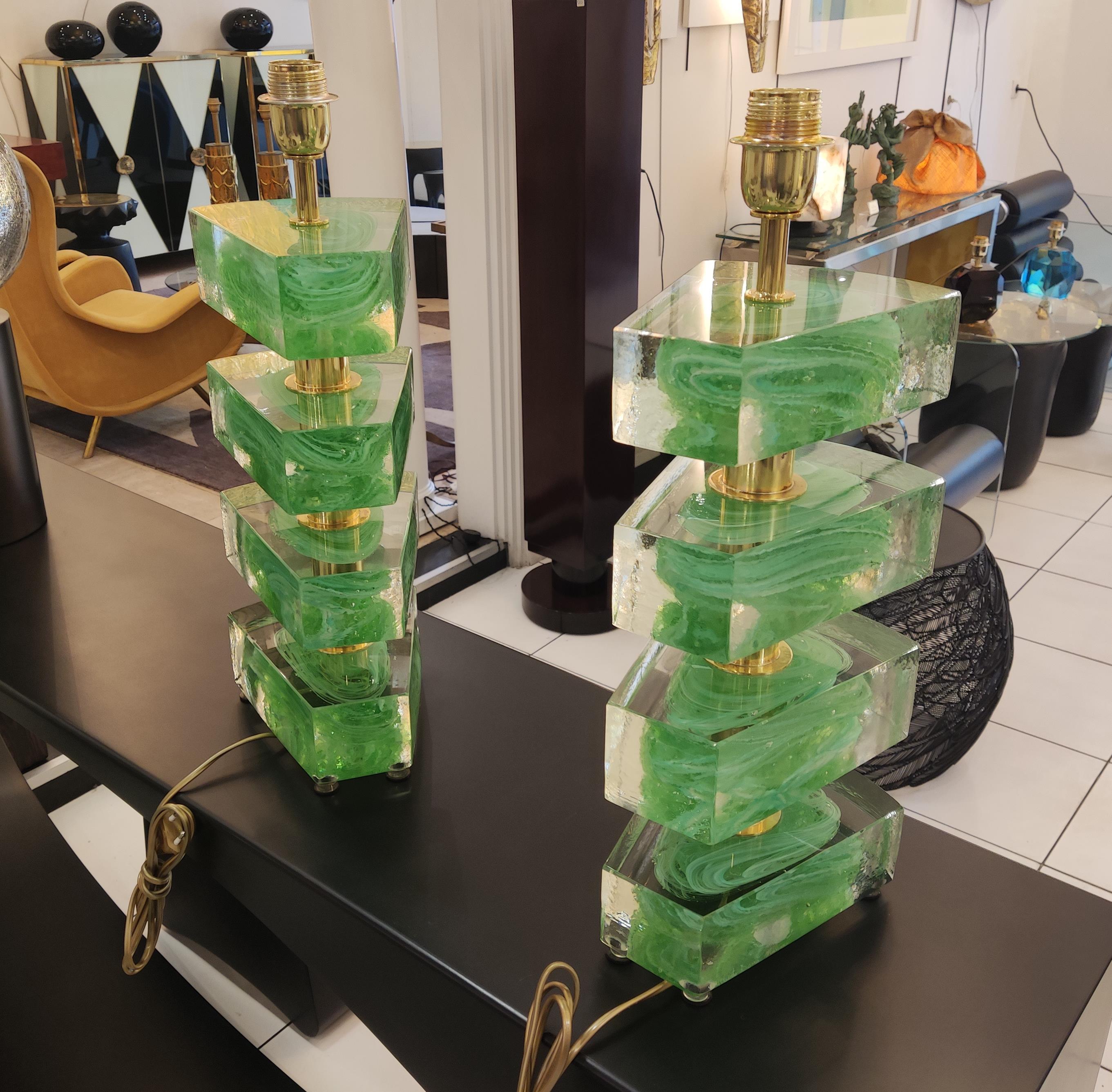 Pair of colored Murano glass (green and transparent) table lamps, in excellent condition.