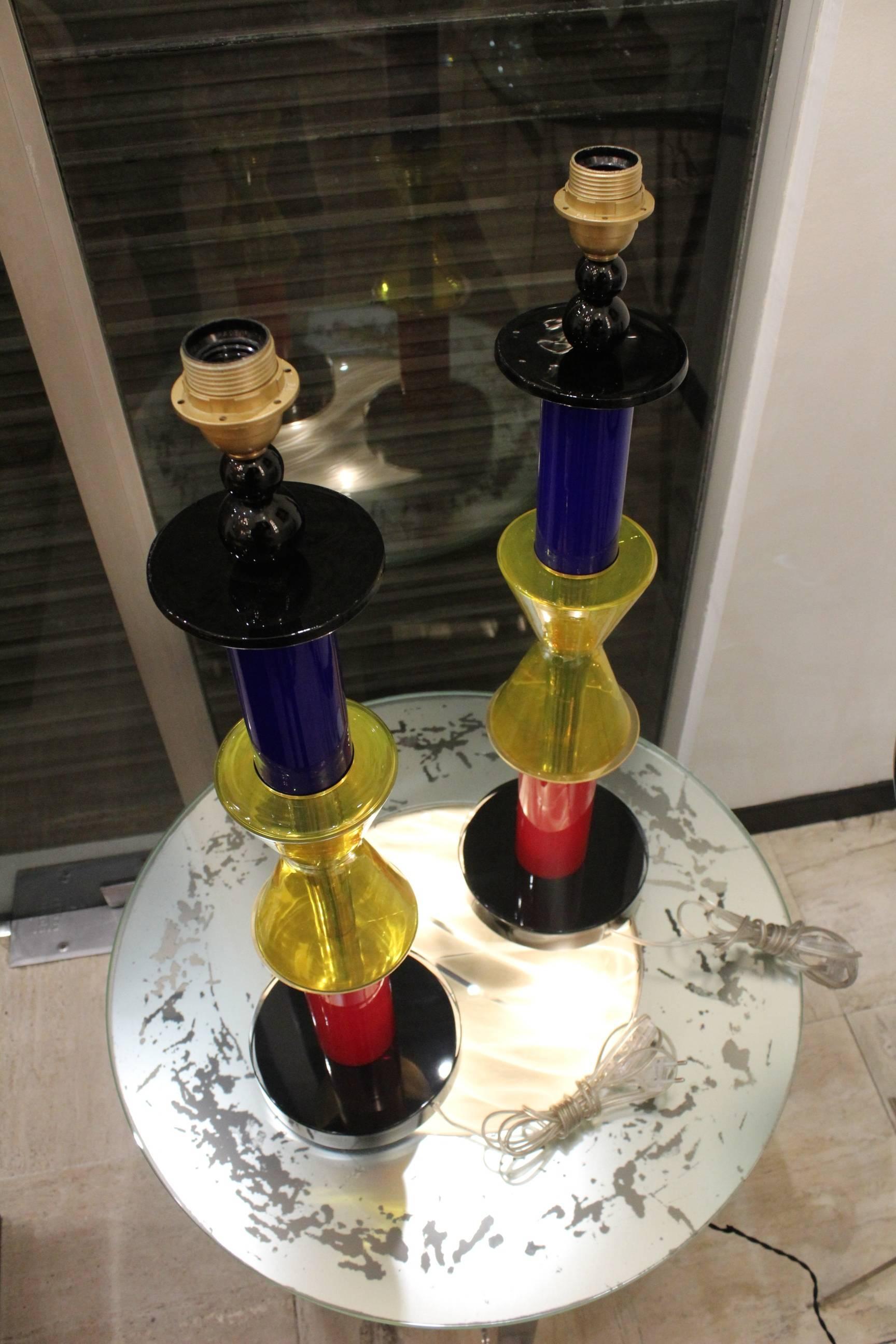 Mid-Century Modern Pair of Colored Murano Glass Table Lamps