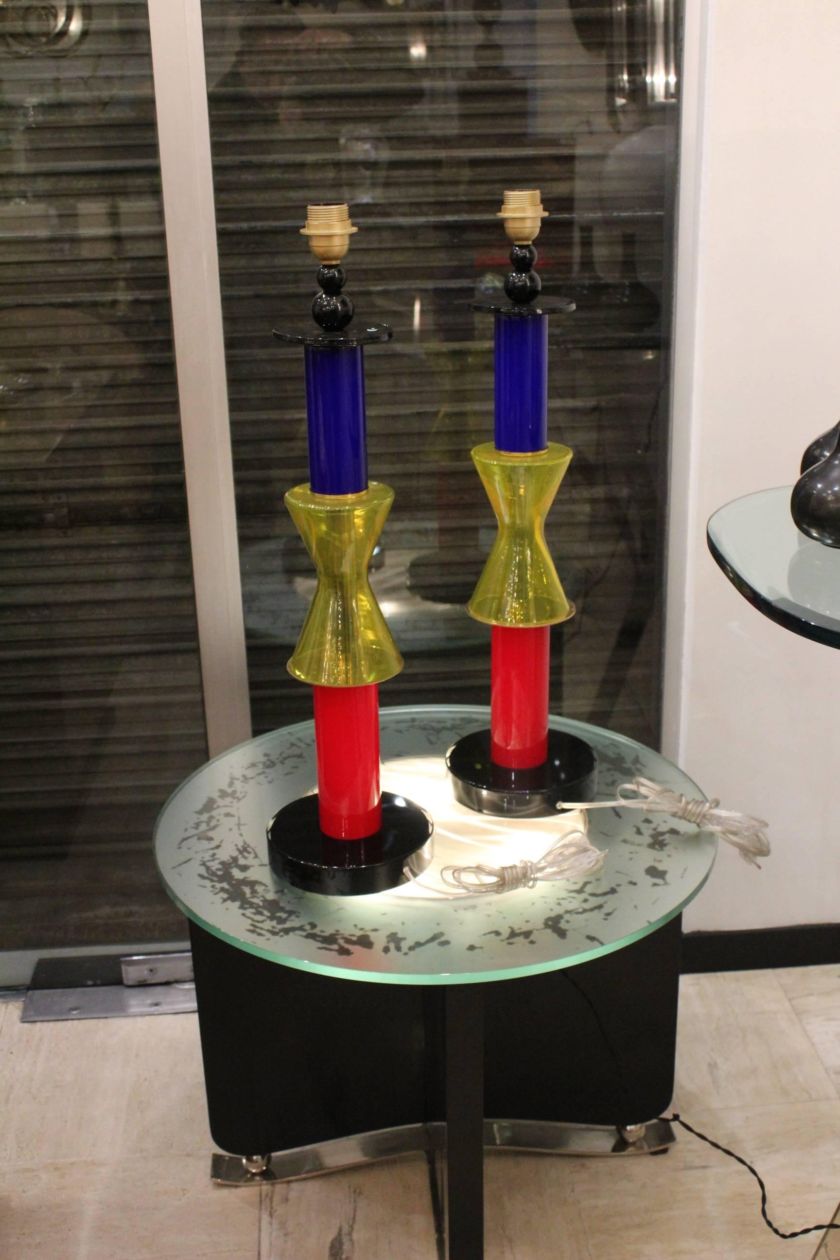 Italian Pair of Colored Murano Glass Table Lamps