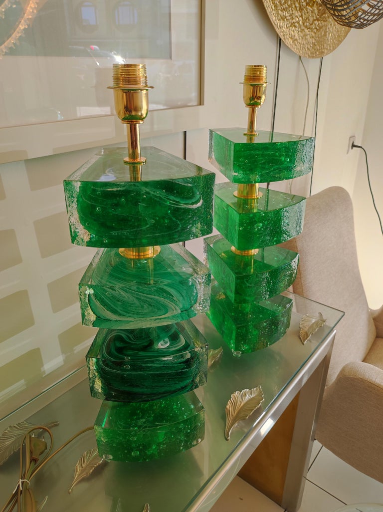 Italian Pair of Colored Murano Glass Table Lamps For Sale