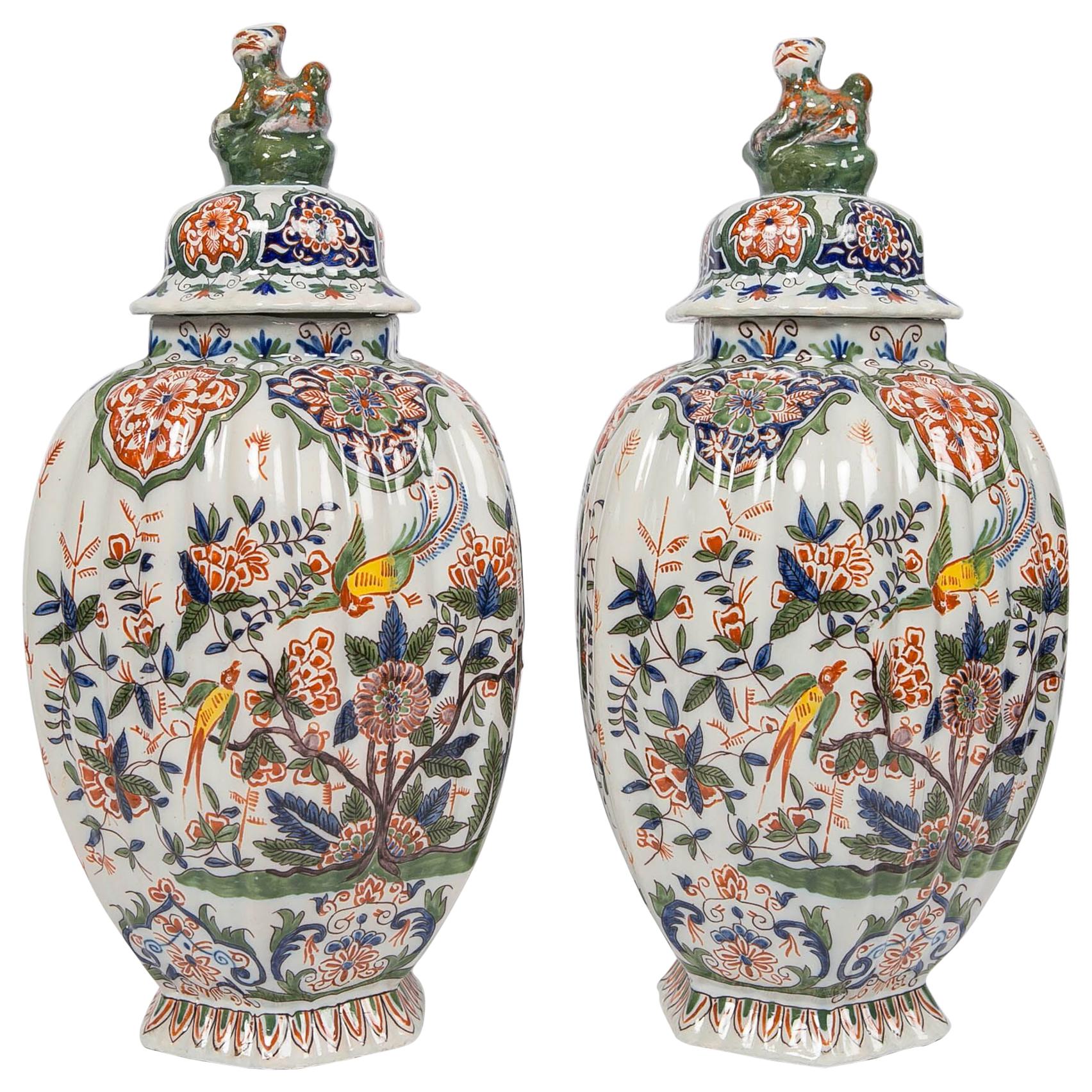 Pair of Colorful 19th Century Dutch Delft Jars Made, circa 1880