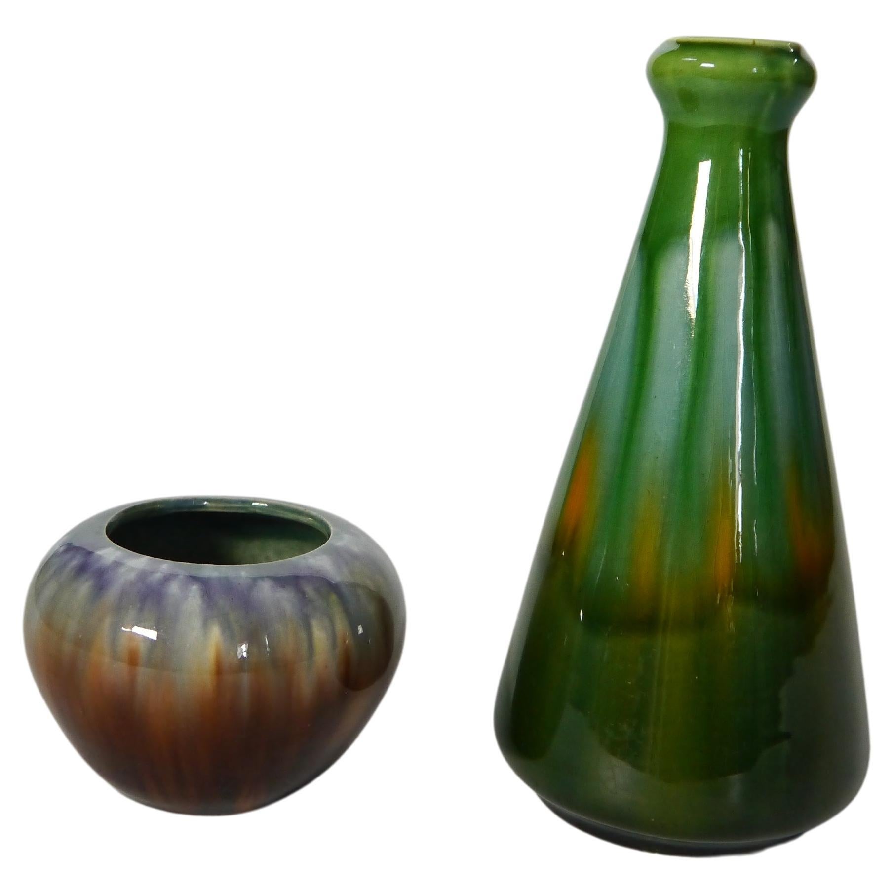 Pair of Colorful Art Nouveau Faience Vases by Andreas Ollestad, Norway 1890s