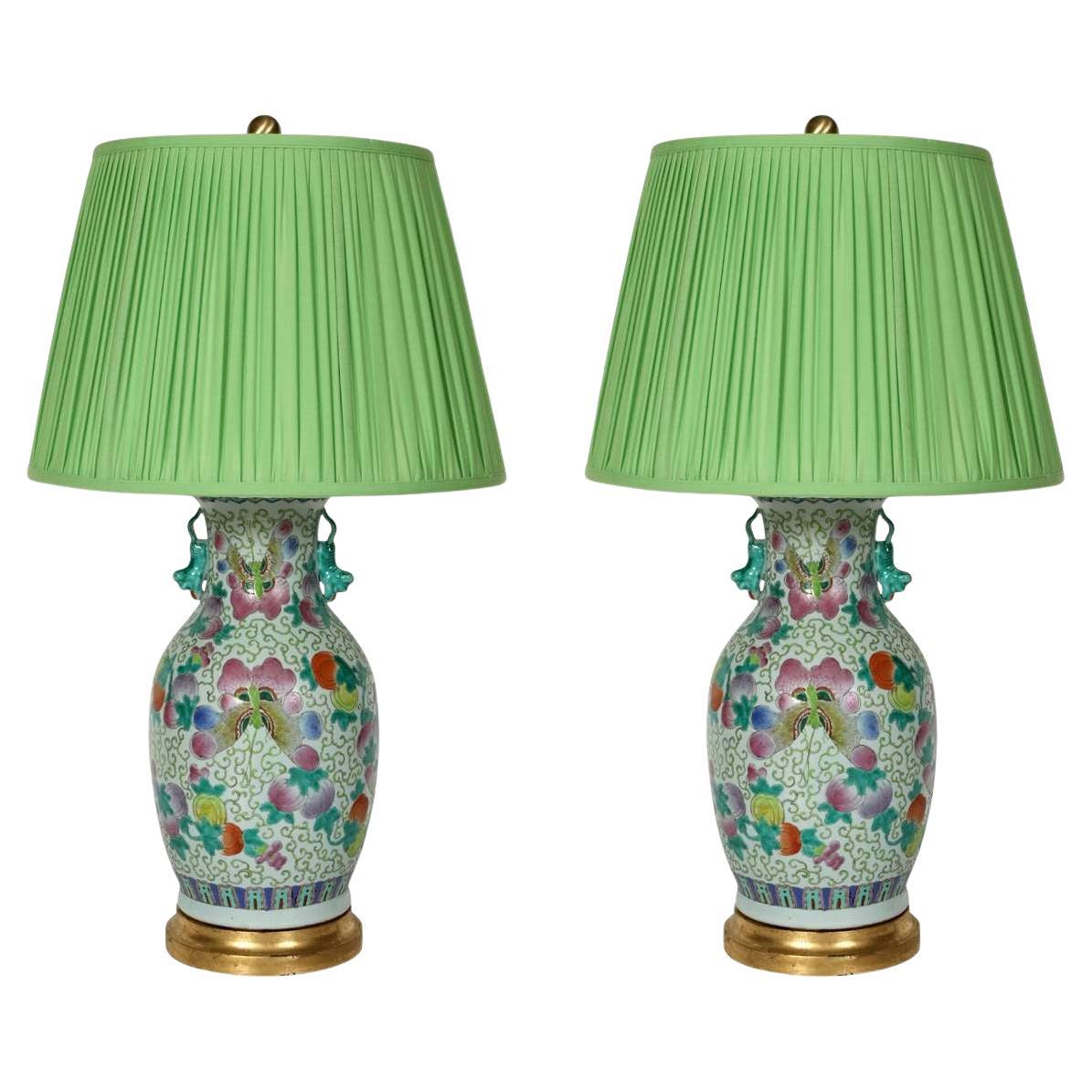Pair of Colorful Chinese Export Porcelain Lamps with Green Pleated Shades For Sale