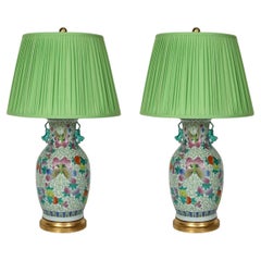 Pair of Colorful Chinese Export Porcelain Lamps with Green Pleated Shades