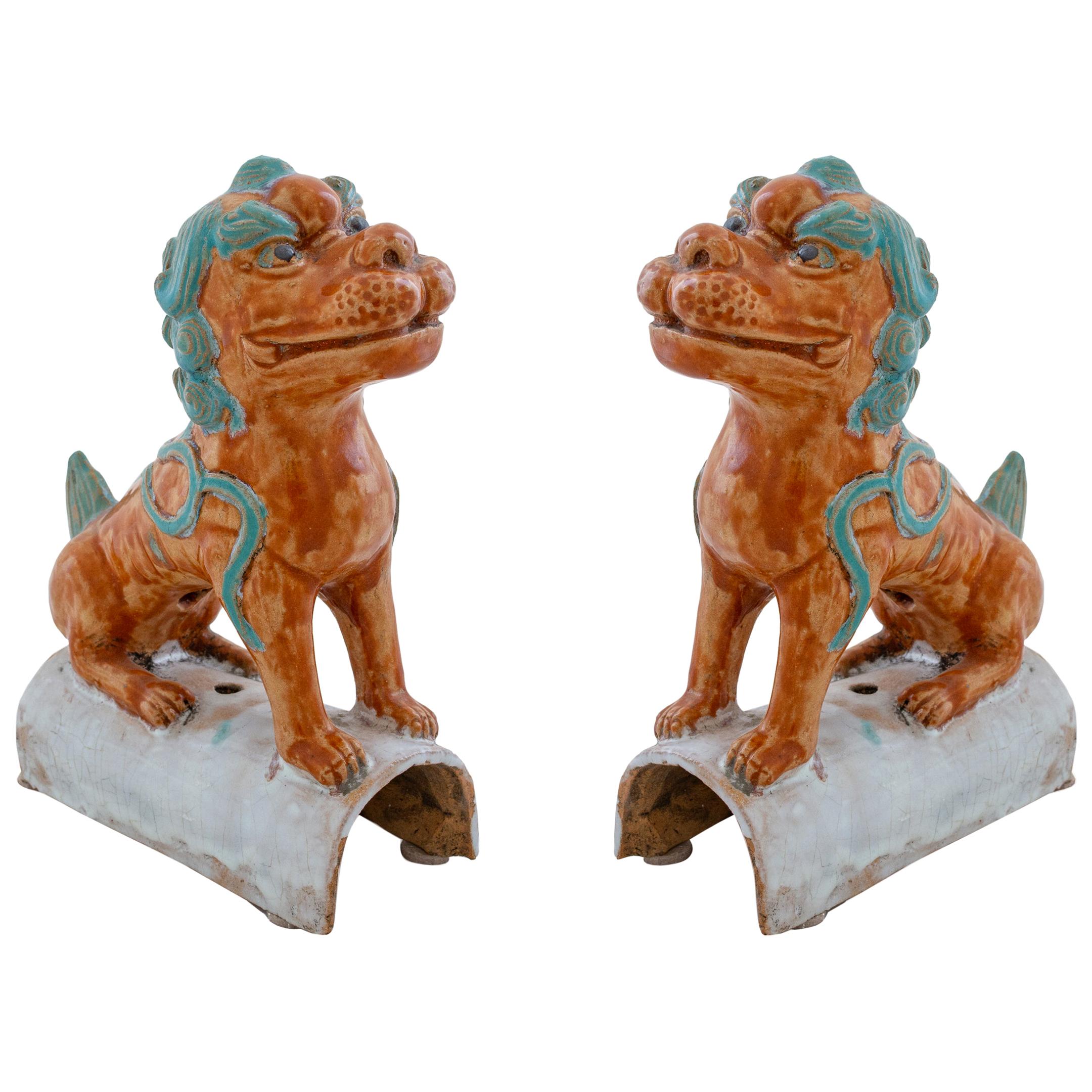 Pair of Colorful Chinese Terracotta Roof Tiles