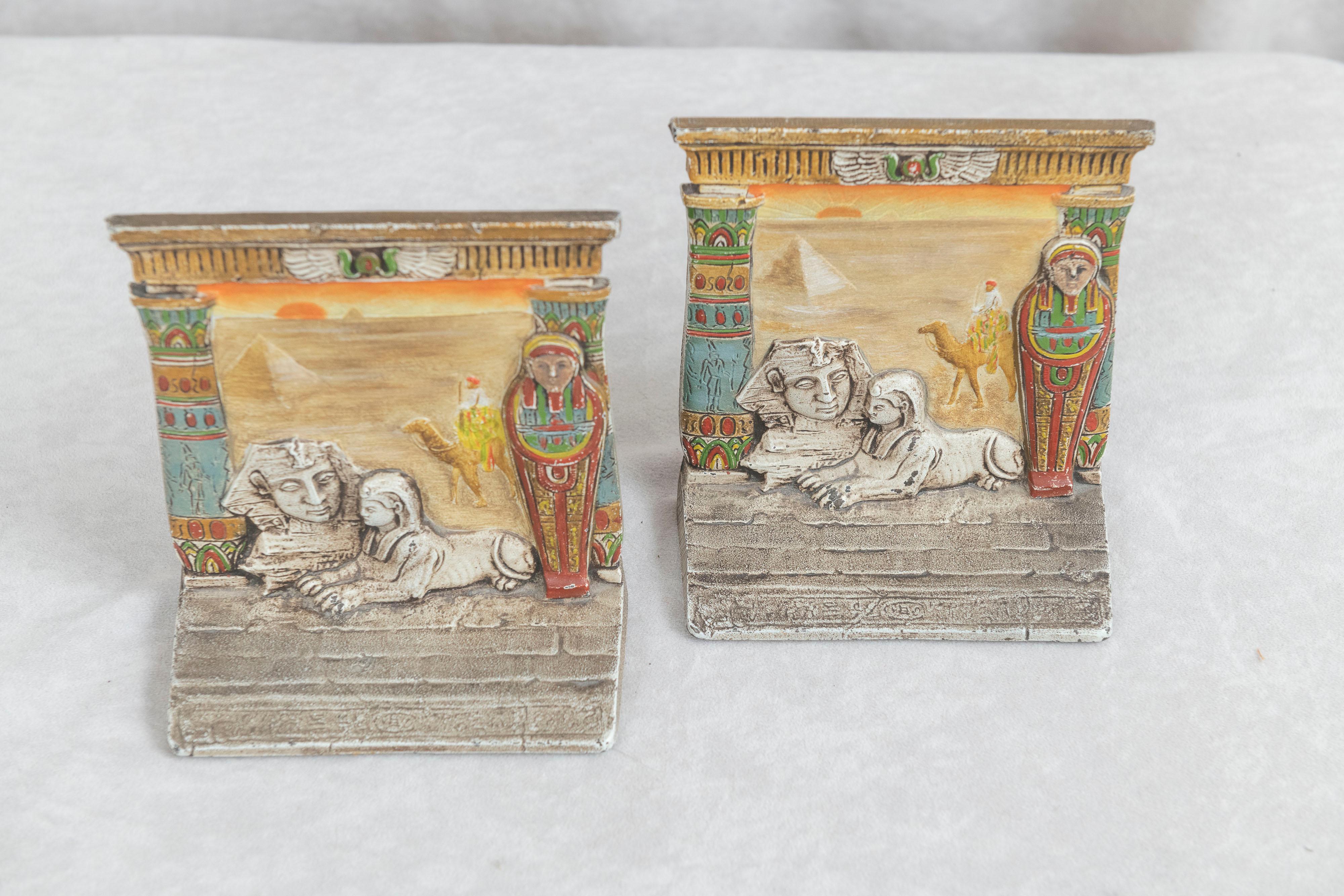 Art Deco Pair of Colorful Egyptian Themed Bookends, Finely Painted, Judd Co. Ca. 1920's For Sale