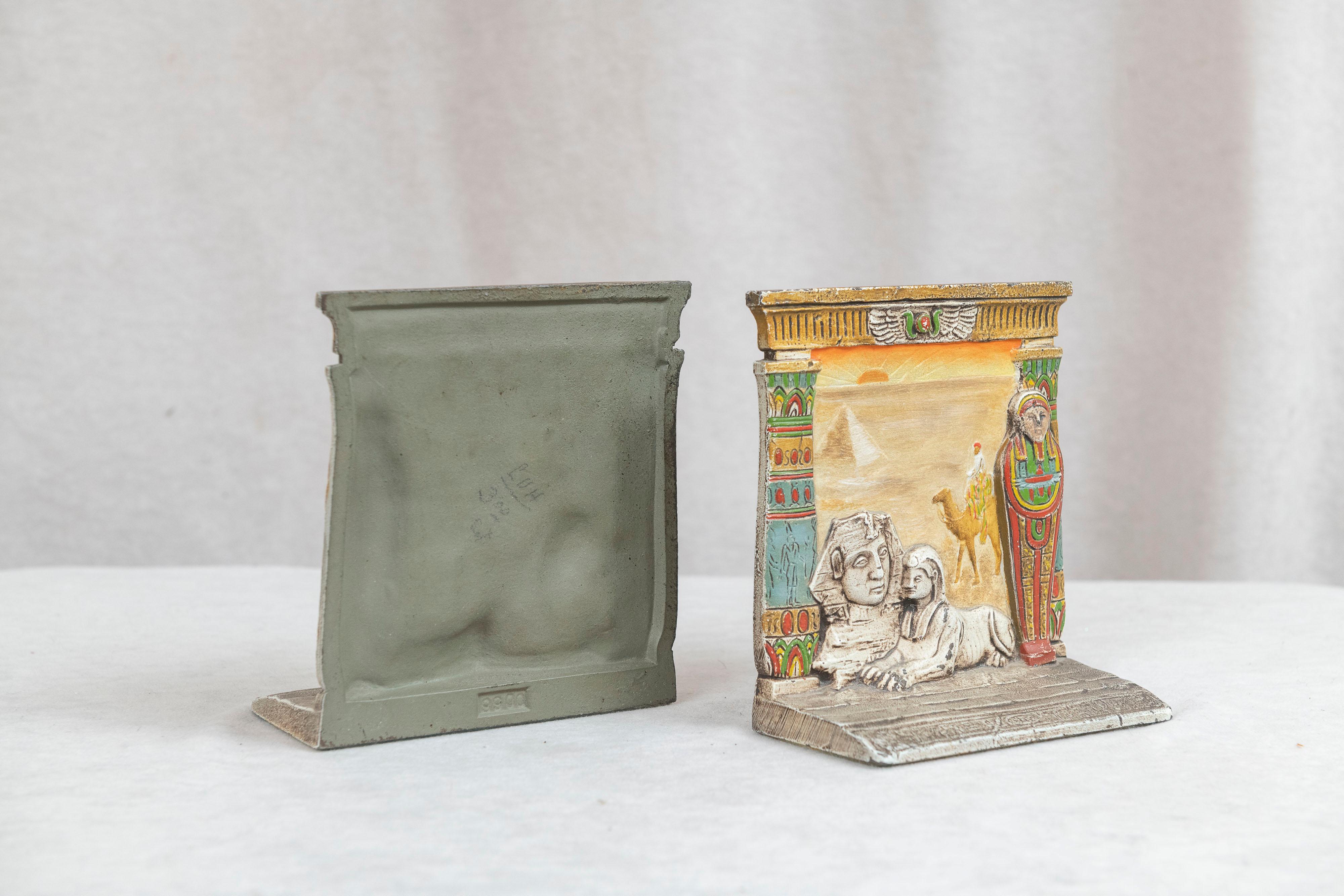 Cast Pair of Colorful Egyptian Themed Bookends, Finely Painted, Judd Co. Ca. 1920's For Sale