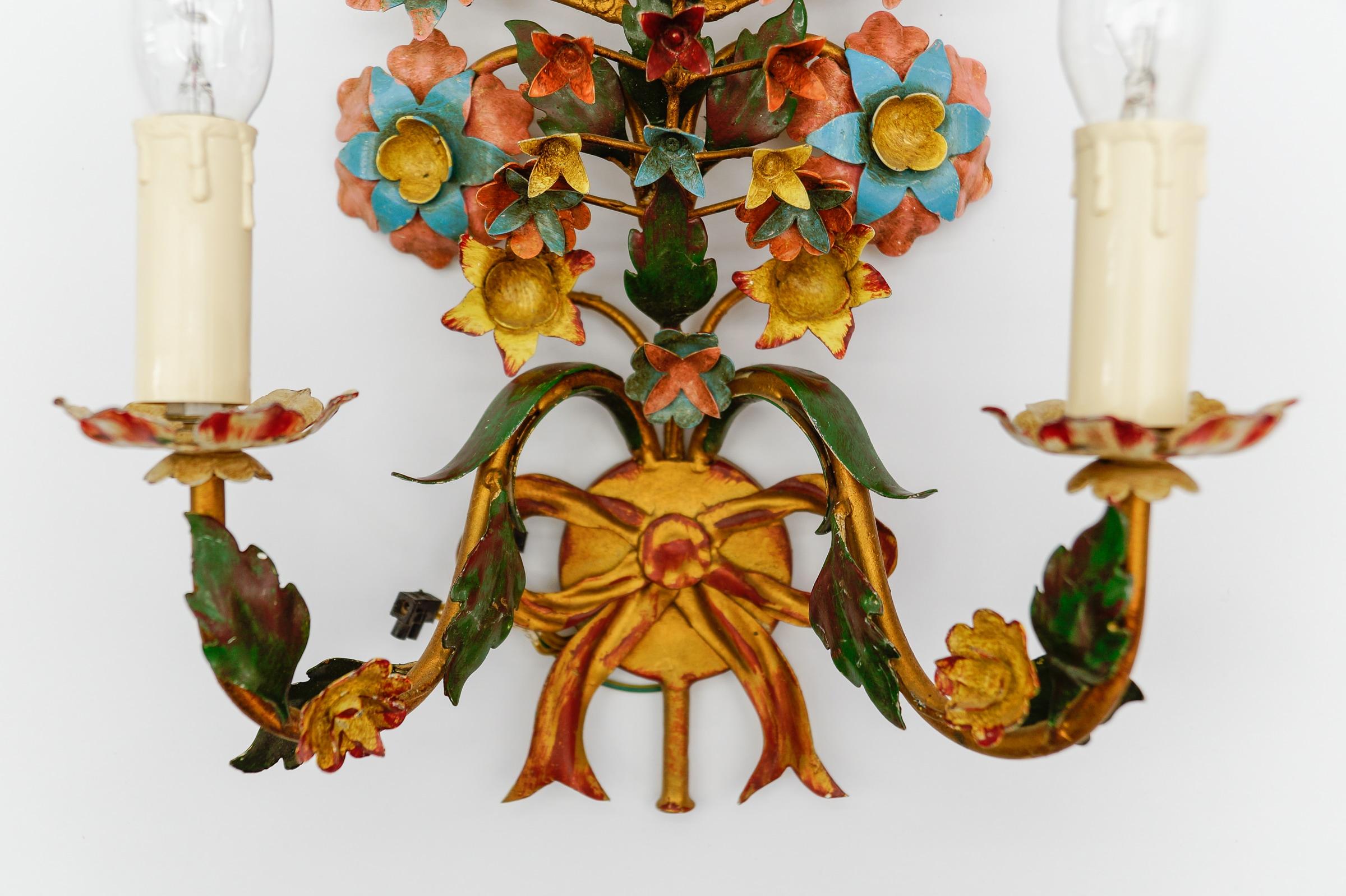 Pair of Colorful Florentiner Double Flower Wall Lights, Italy 1970s For Sale 6
