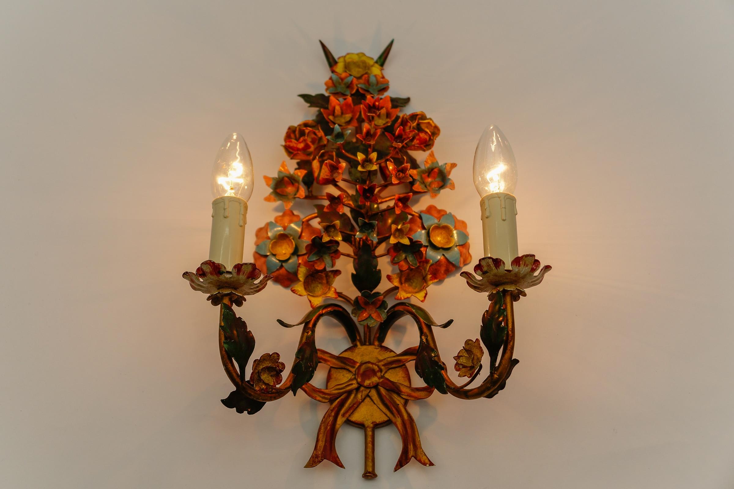 Pair of Colorful Florentiner Double Flower Wall Lights, Italy 1970s For Sale 7