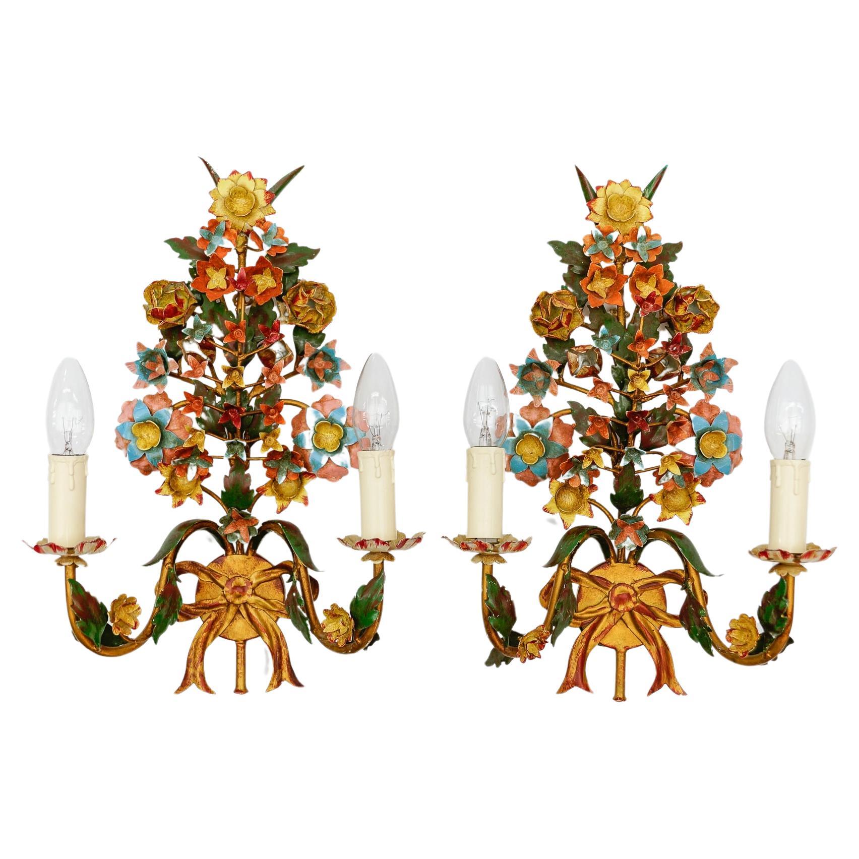 Pair of Colorful Florentiner Double Flower Wall Lights, Italy 1970s For Sale