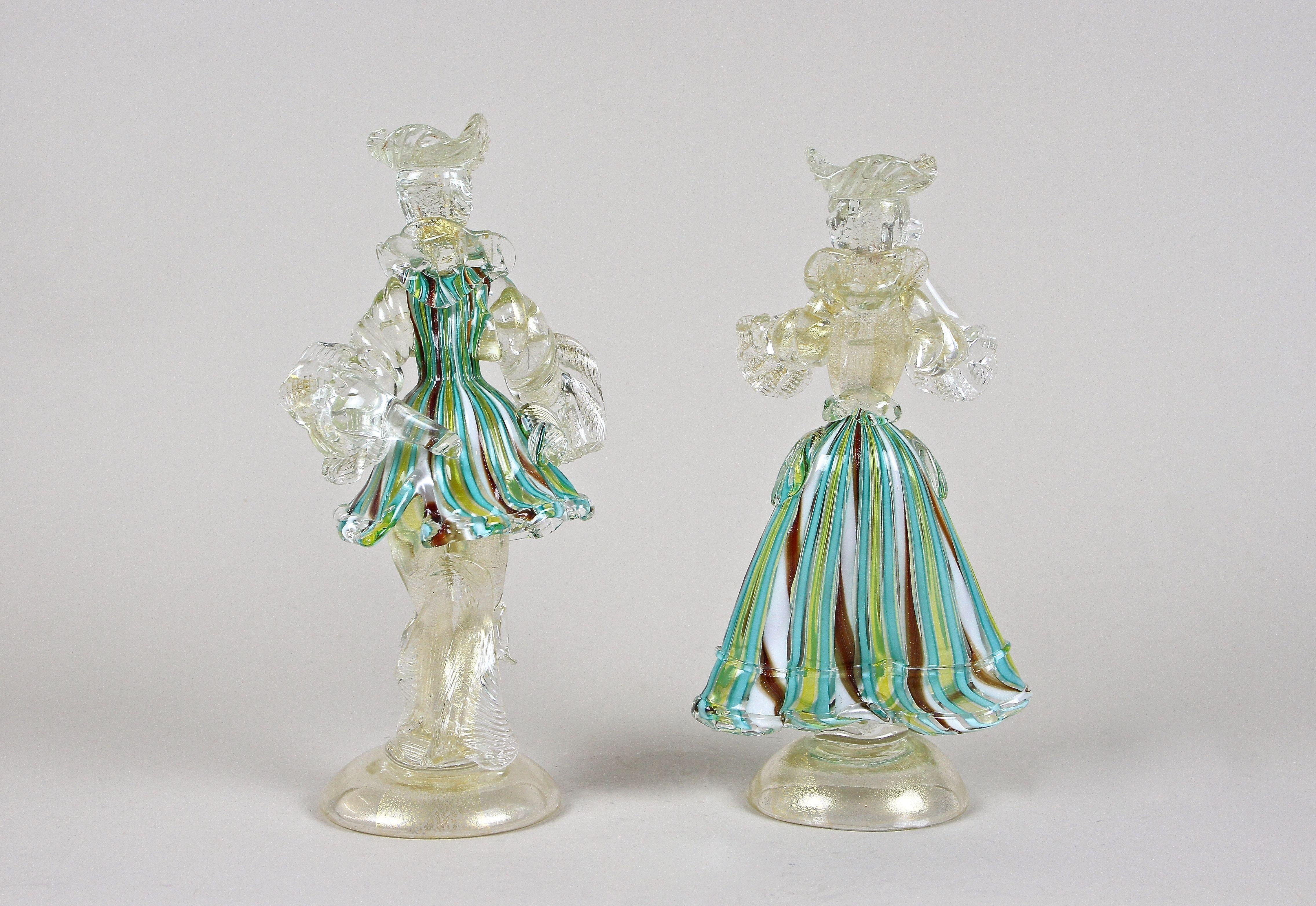 20th Century Pair of Colorful Gilt Murano Glass Figurines, Italy, circa 1950