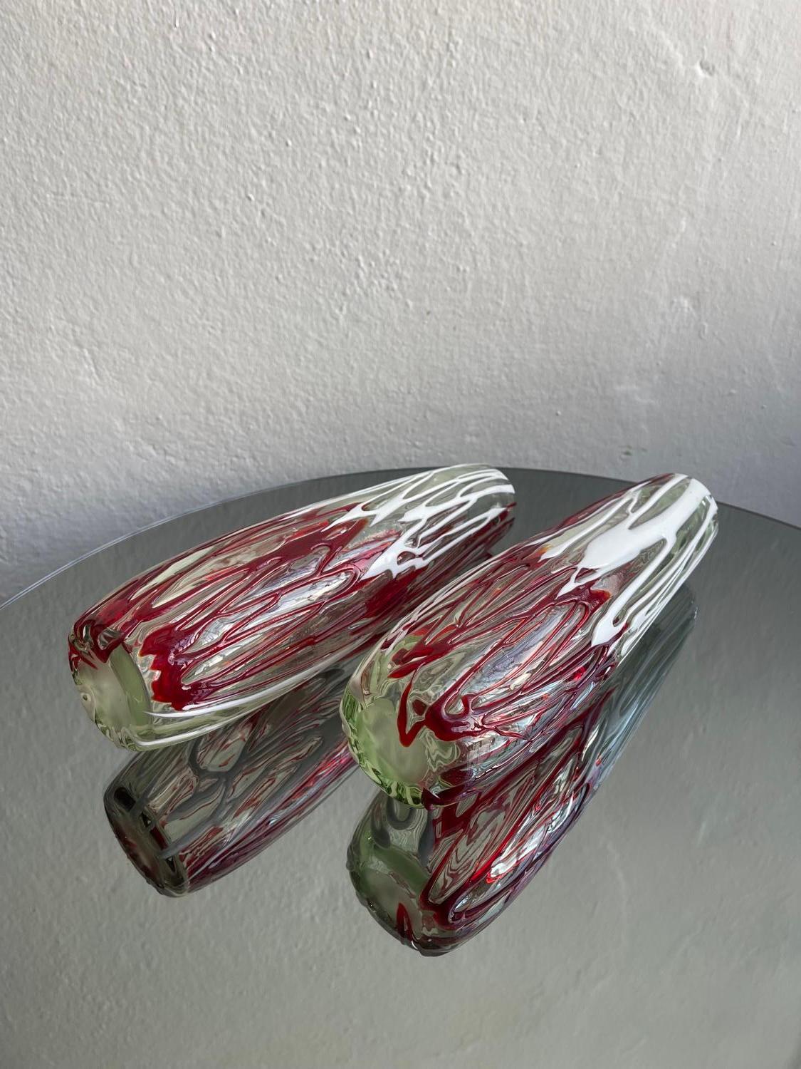 Glass Pair of colorful Murano Vases in red and white For Sale