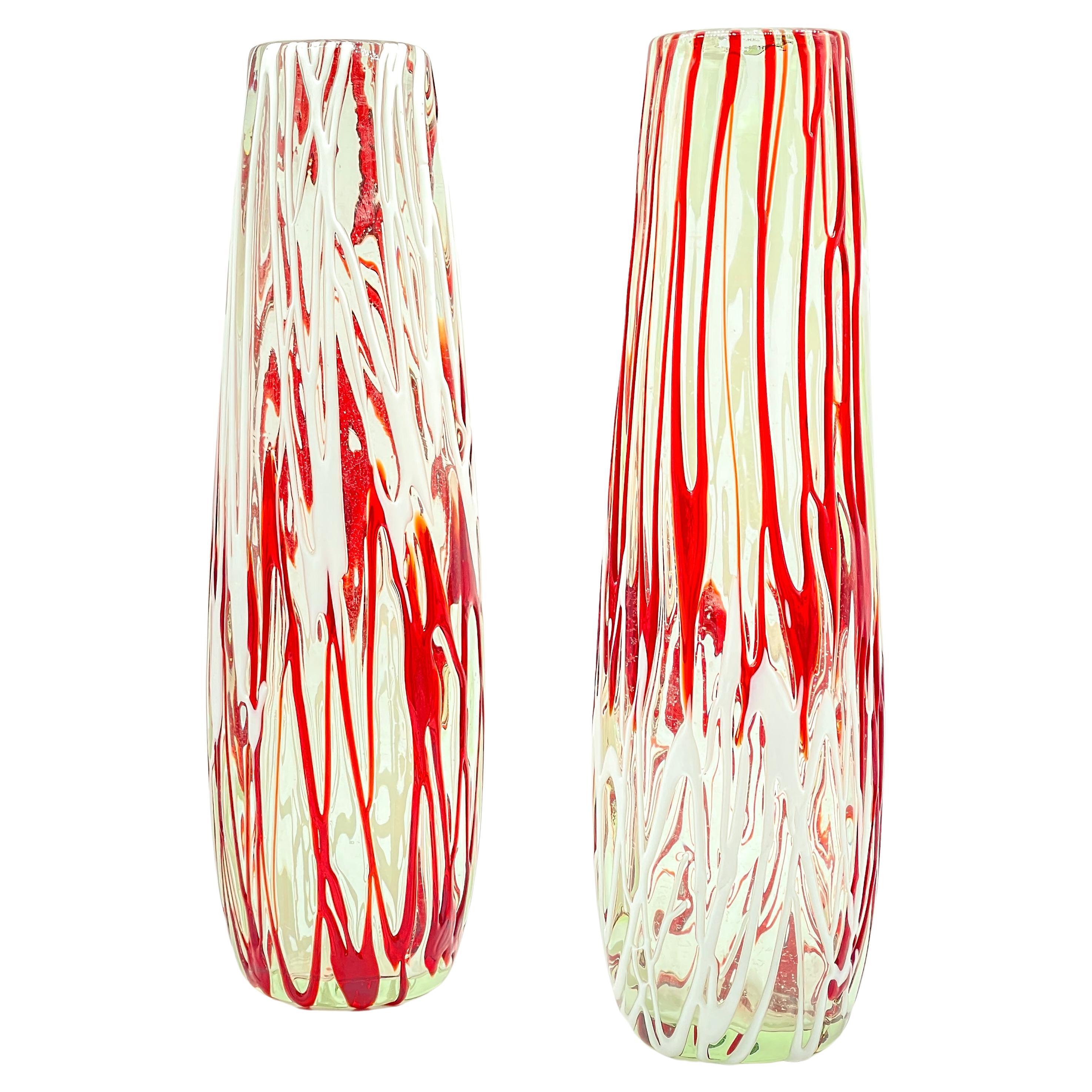 Pair of colorful Murano Vases in red and white For Sale