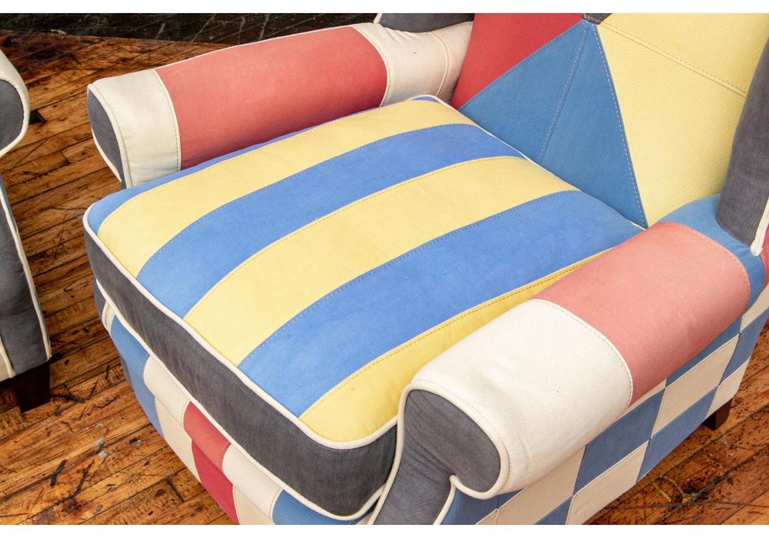 Modern Pair of Colorful Nautical Theme Upholstered Club Chairs