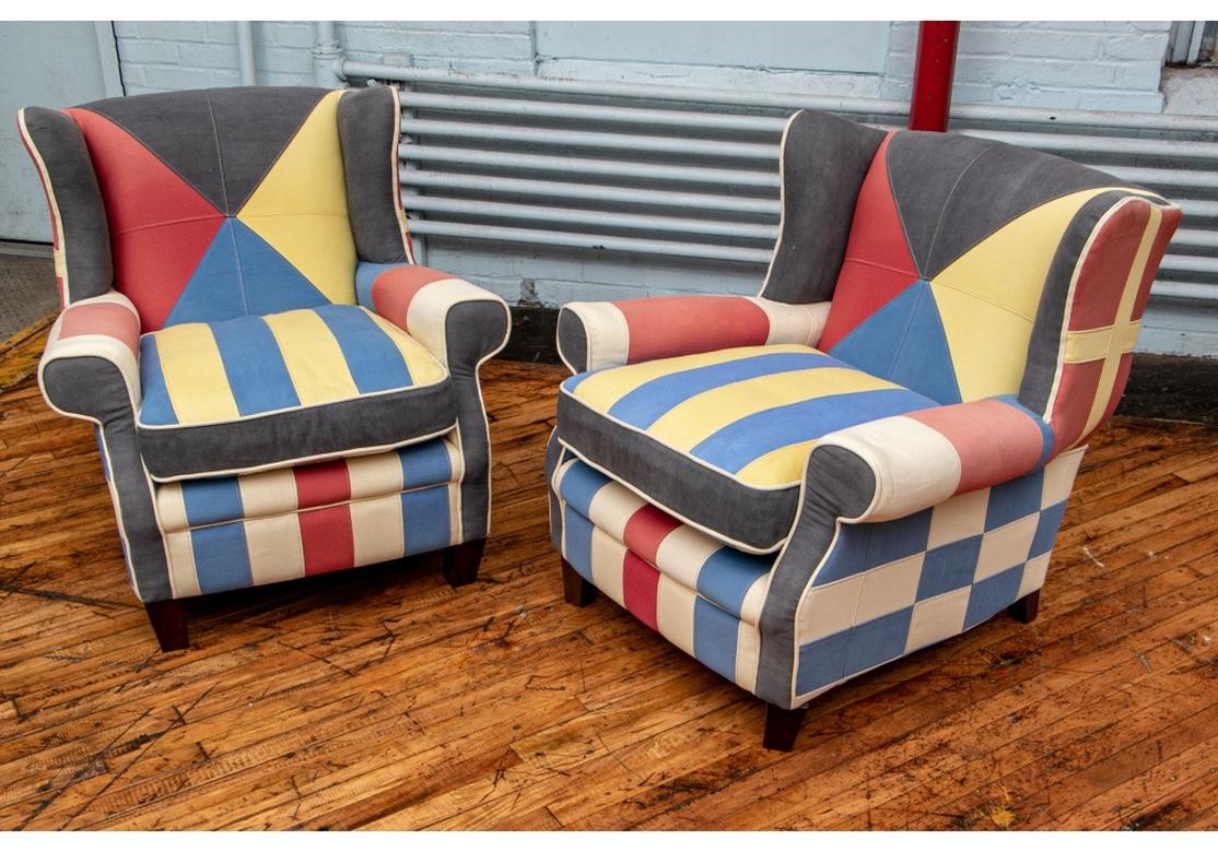 20th Century Pair of Colorful Nautical Theme Upholstered Club Chairs