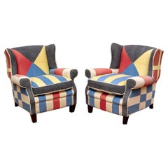 Pair of Colorful Nautical Theme Upholstered Club Chairs