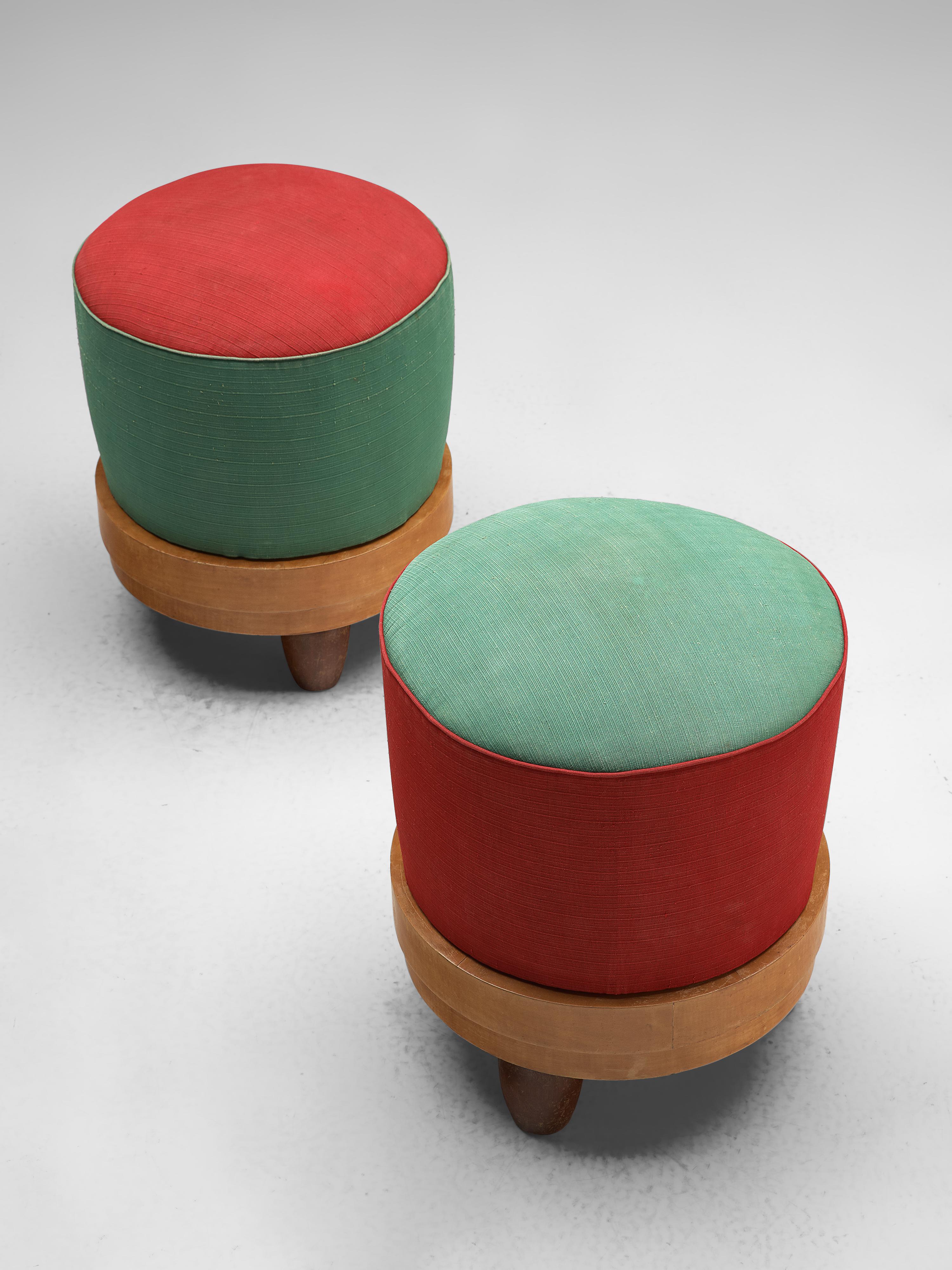 European Pair of Colorful Poufs in Green and Red Fabric