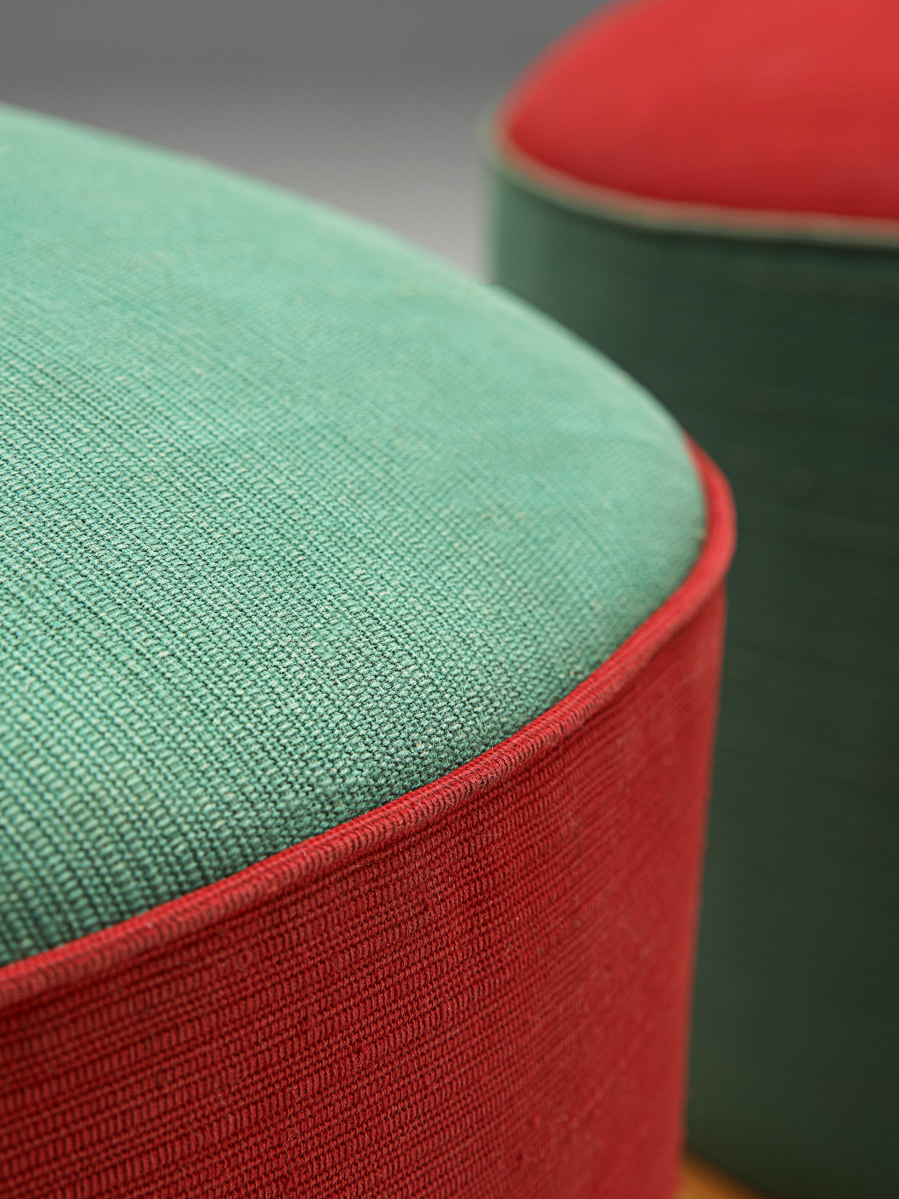 Mid-20th Century Pair of Colorful Poufs in Green and Red Fabric