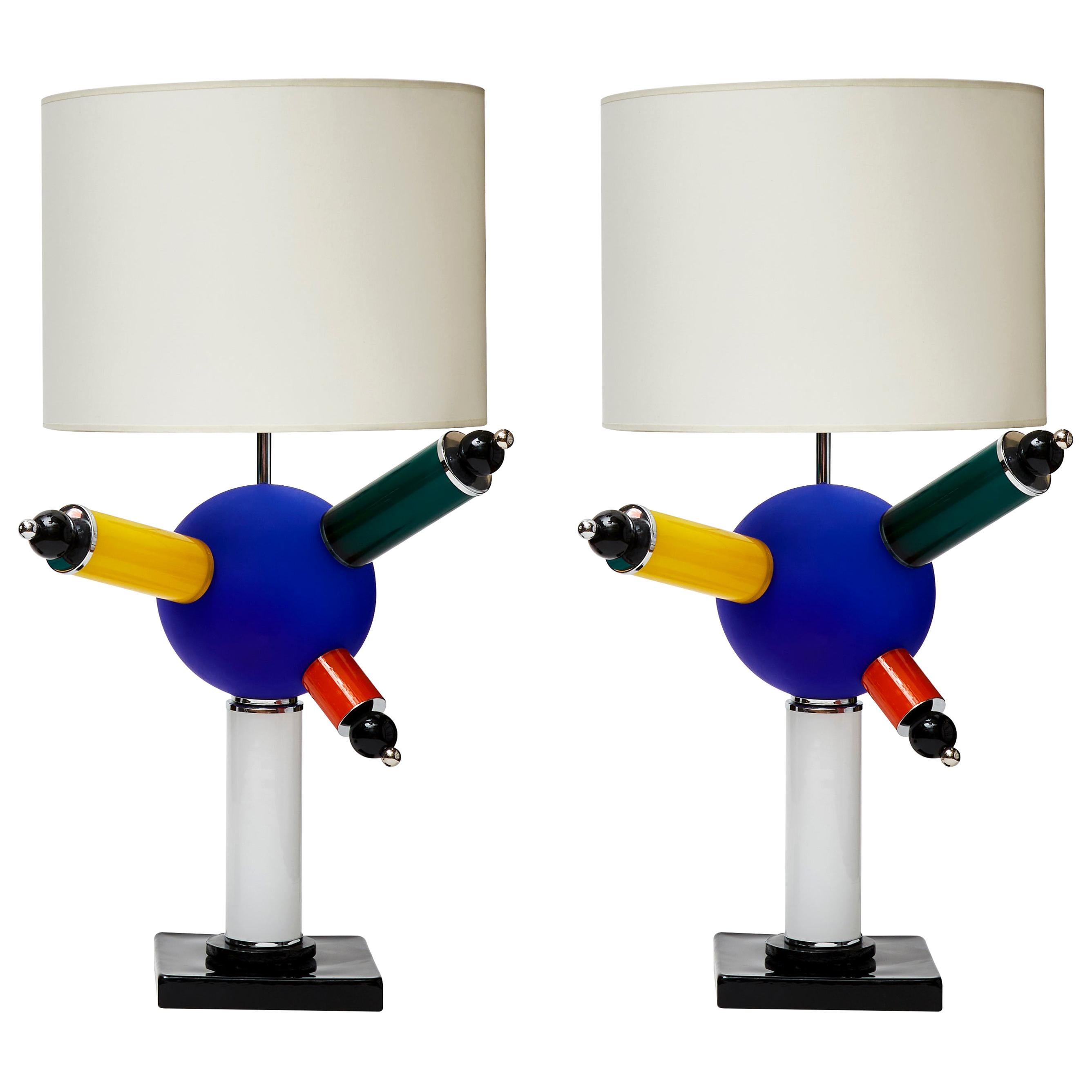 Pair of Colorful Round Murano Glass Table Lamps