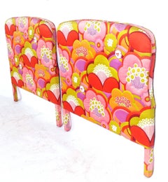 Pair of Colorful Upholstered Twin Headboards in Vintage Fabric