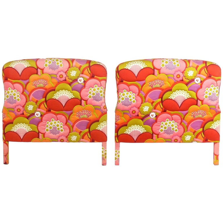 Pair of Colorful Upholstered Twin Headboards in Vintage Fabric at