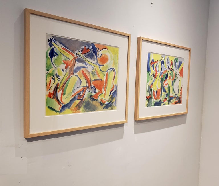 Pair of Colorful Watercolor Paintings of Dancing Figures by Jacques Lamy For Sale at 1stDibs