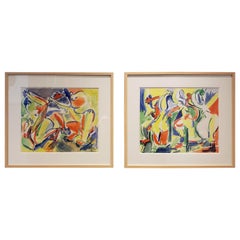 Vintage Pair of Colorful Watercolor Paintings of Dancing Figures by Artist Jacques Lamy