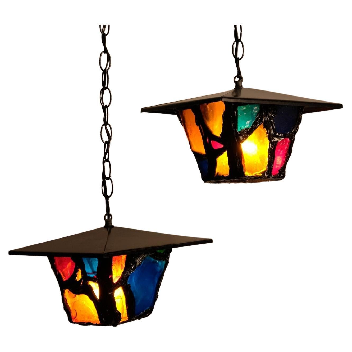 Pair of Coloured Glass Pendants in the Style of Peter Marsh For Sale