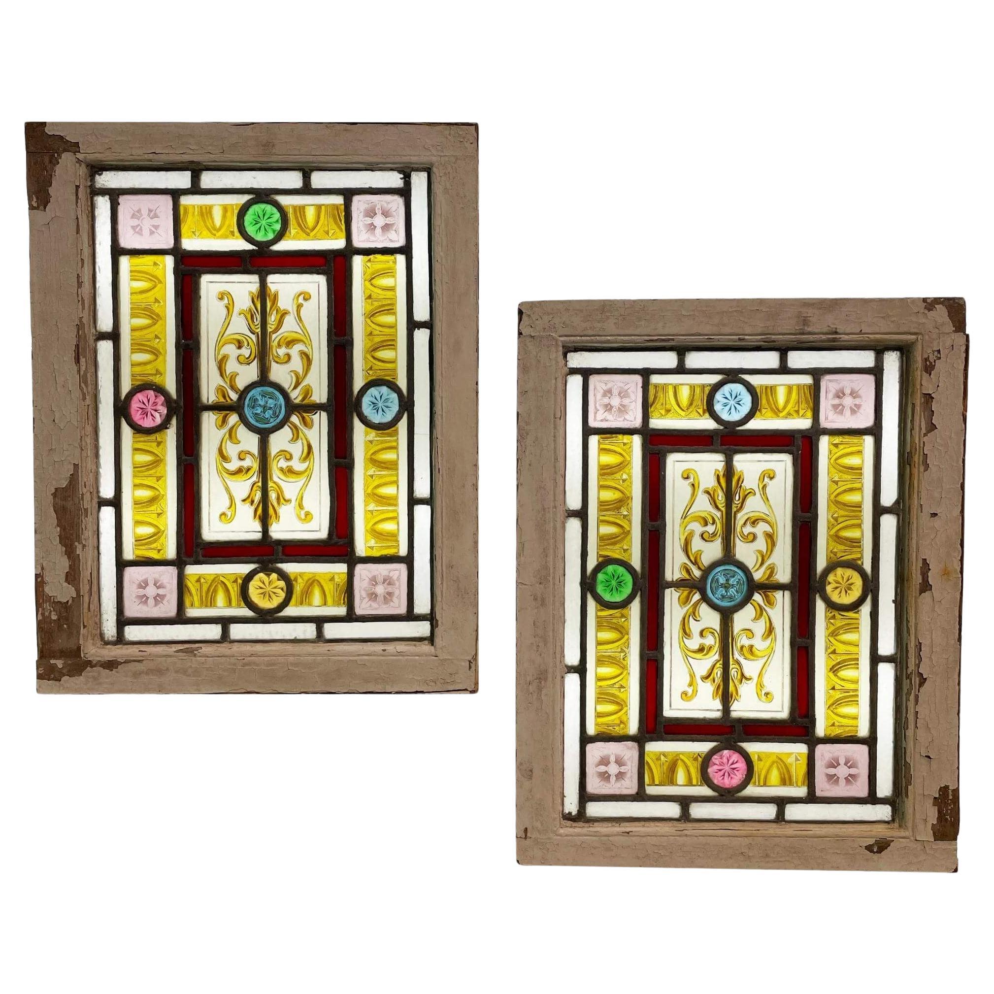 Pair of Colourful Antique Stained Glass Windows