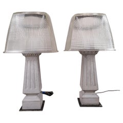 Pair of Column Concrete Resin Lamps with Holophane Screens