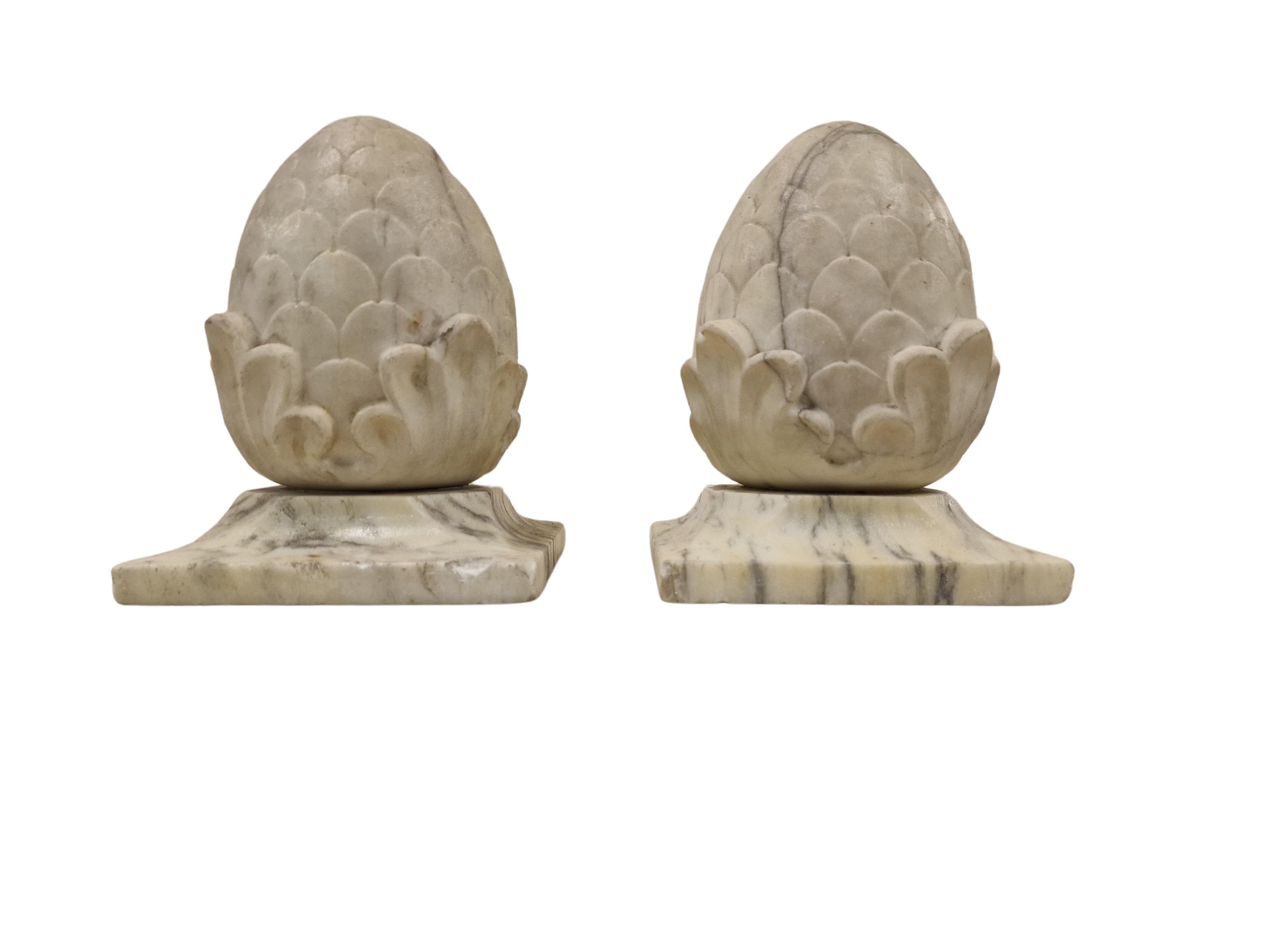 Italian Pair of column crowns in form of pine cones, symbol of luck, marble, 1920, Italy For Sale